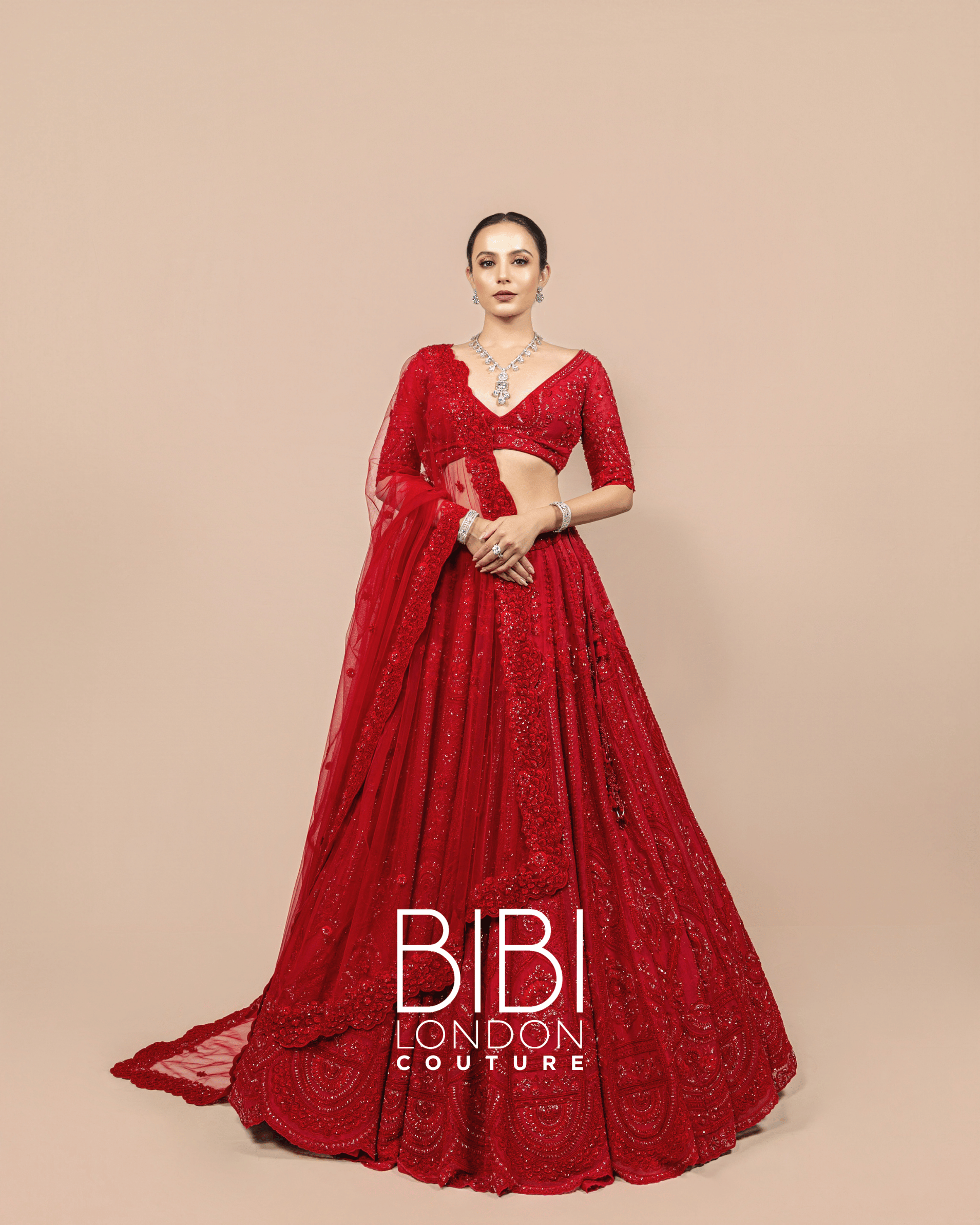 Deep Red Sequin Embellished Lehenga with 3D Floral Dupatta