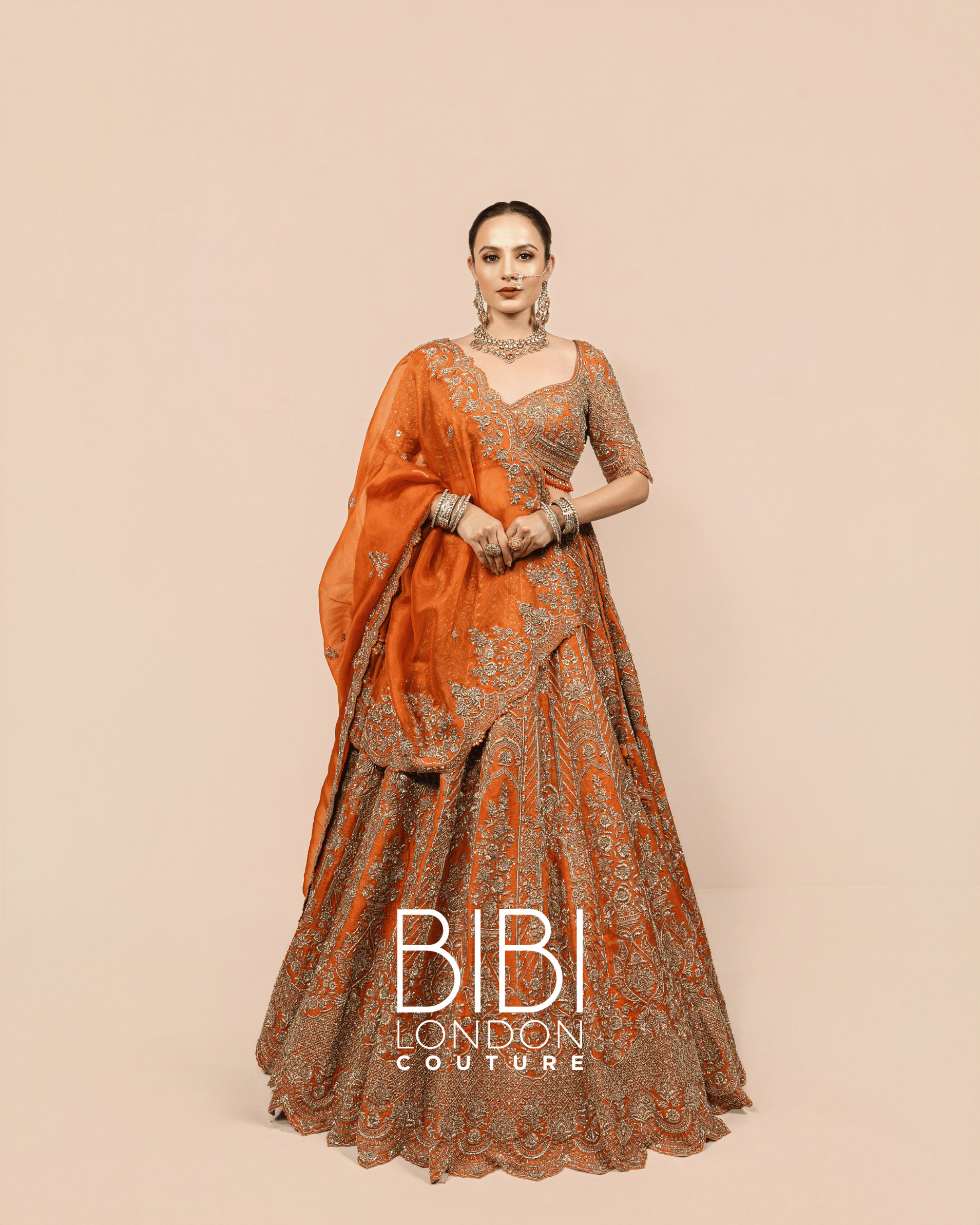 Orange Zari Embroidered Lehenga with Scalloped Hem