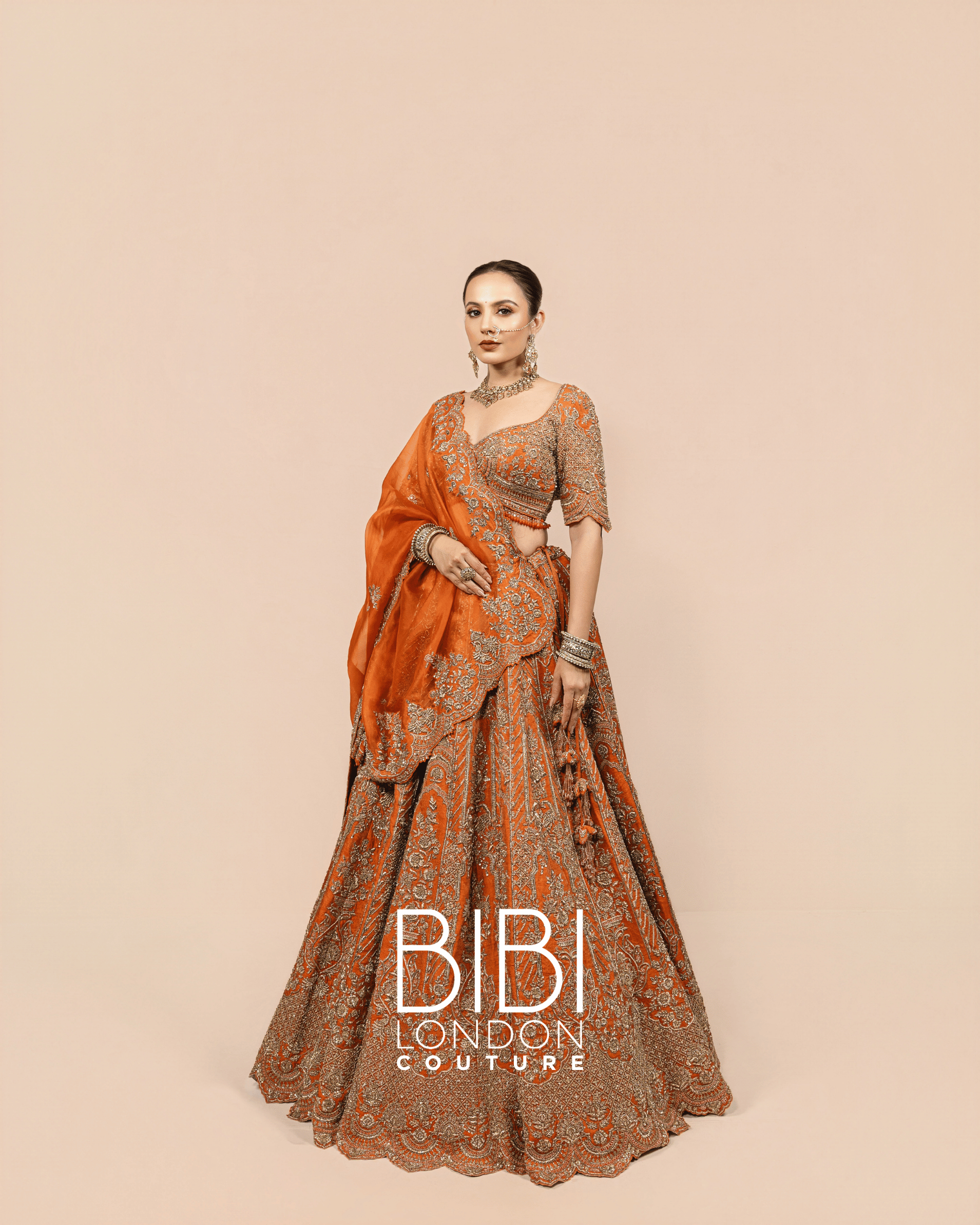 Orange Zari Embroidered Lehenga with Scalloped Hem