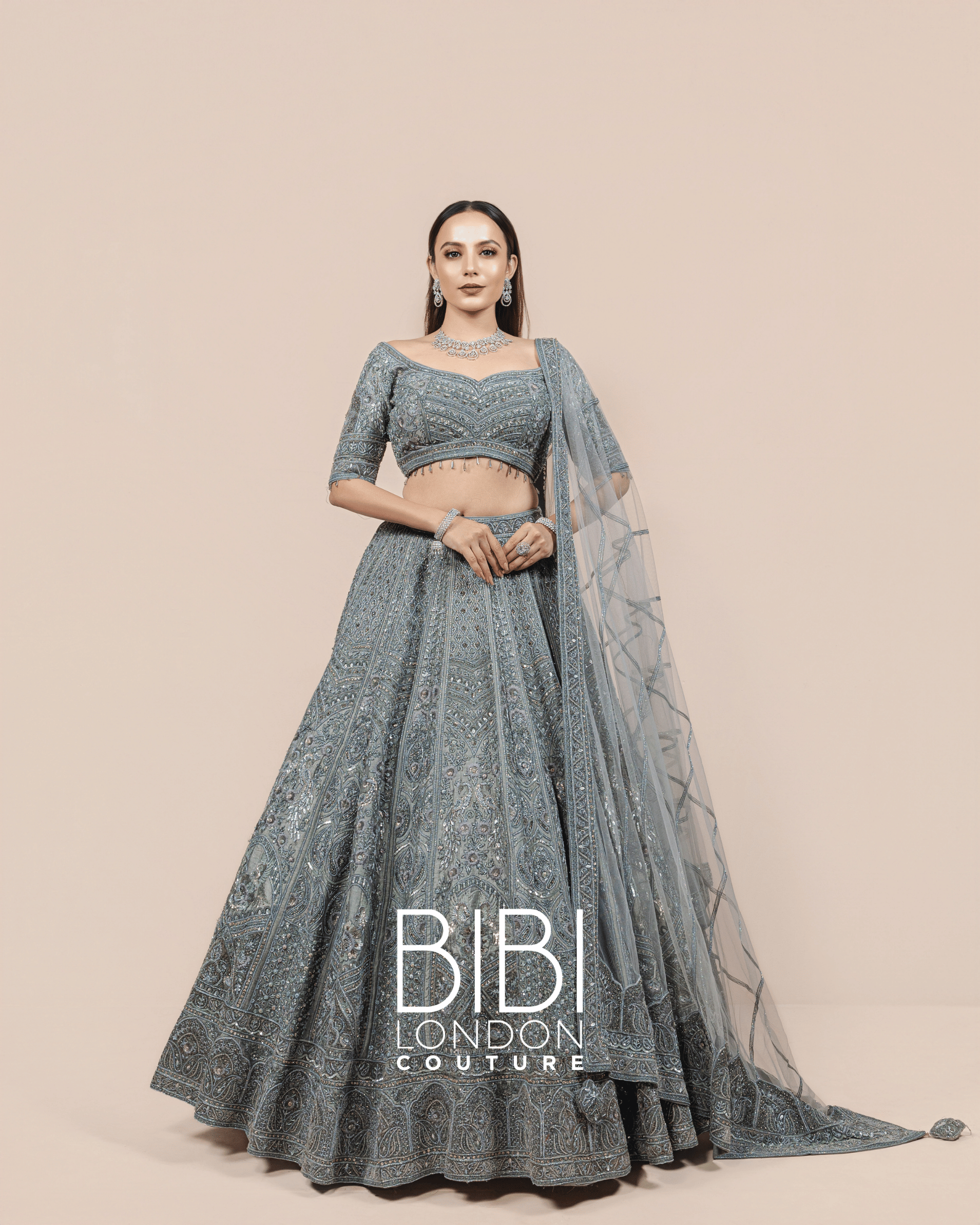 Steel Blue Mirror Embroidered Lehenga with Geometric Motifs