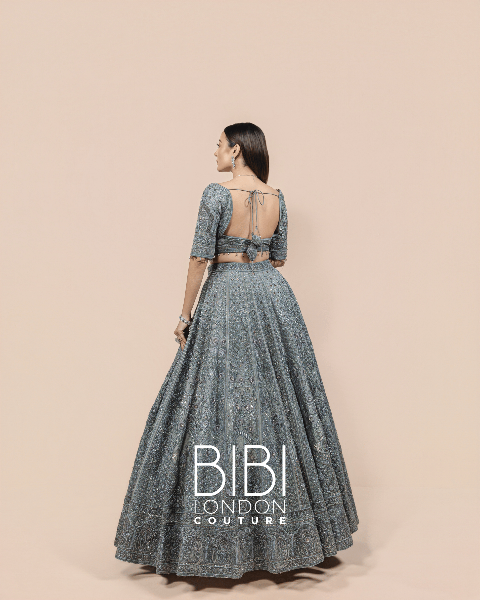 Steel Blue Mirror Embroidered Lehenga with Geometric Motifs