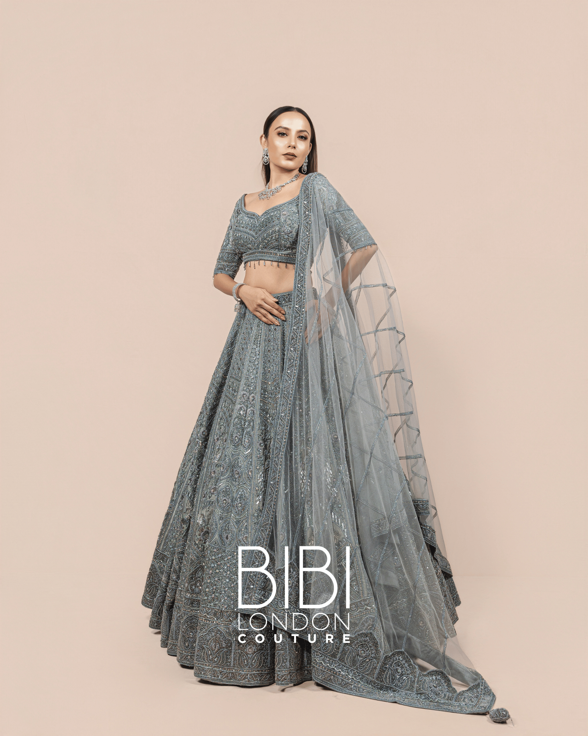 Steel Blue Mirror Embroidered Lehenga with Geometric Motifs
