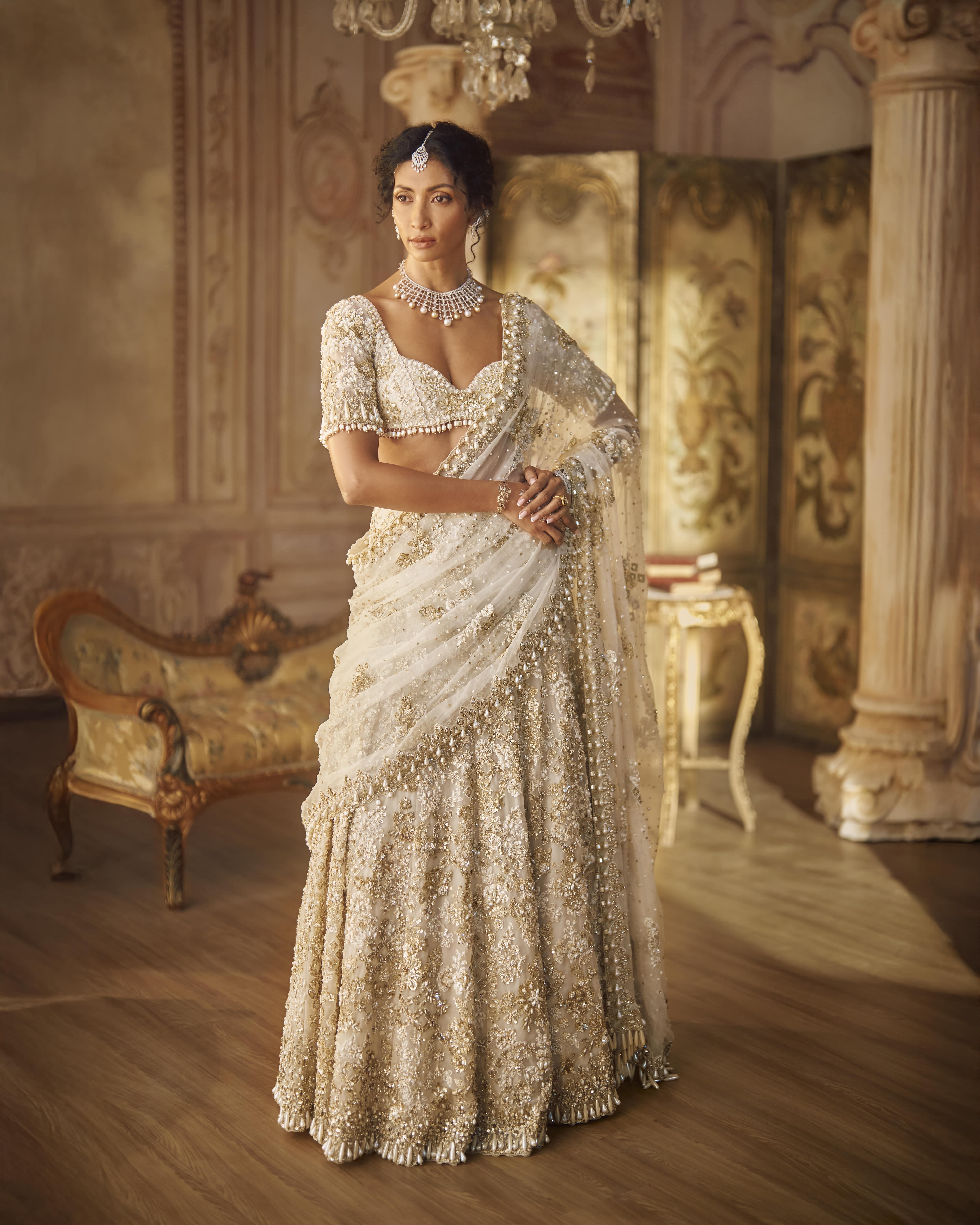 Ivory Gold Lehenga Saree Set