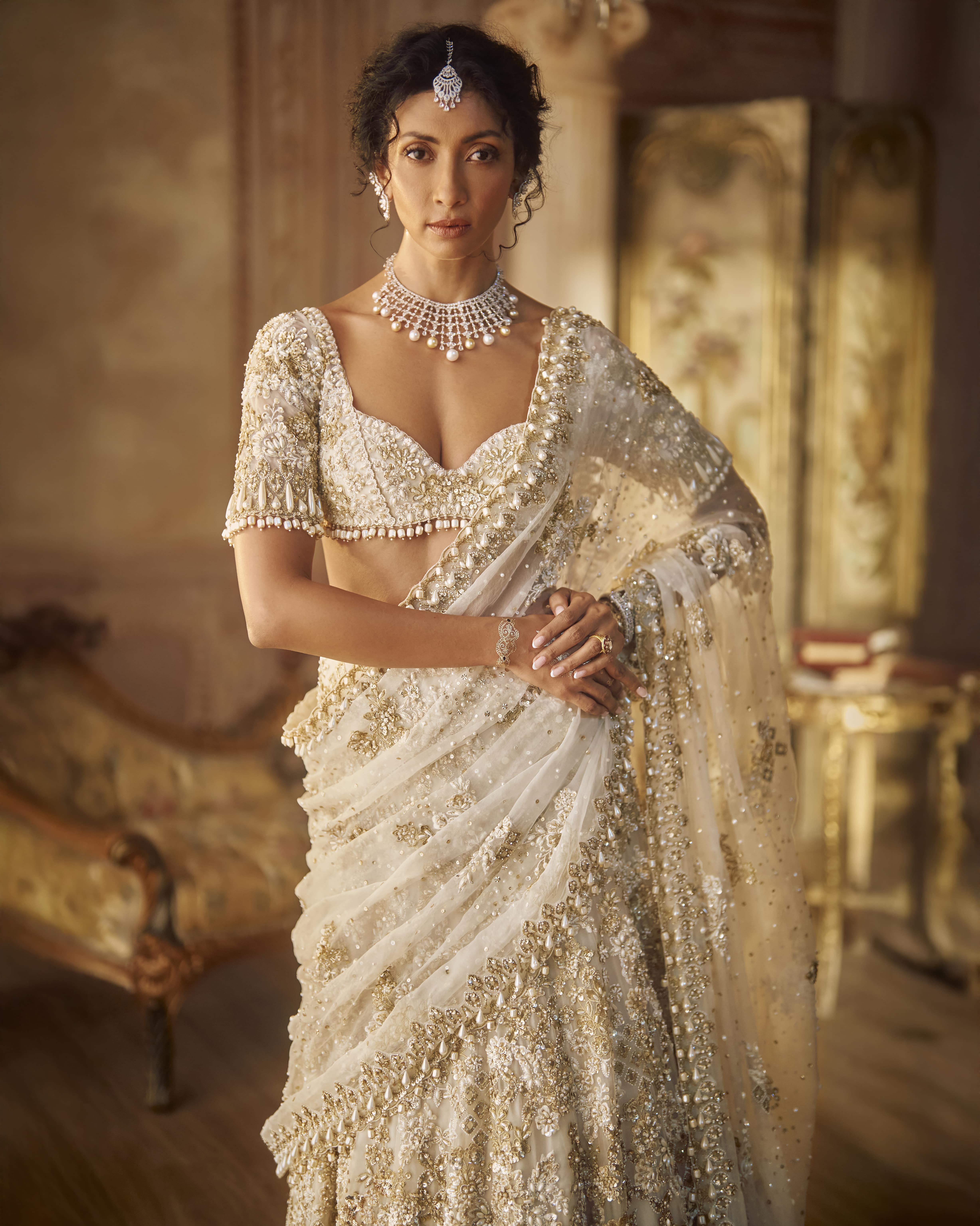 Ivory Gold Lehenga Saree Set