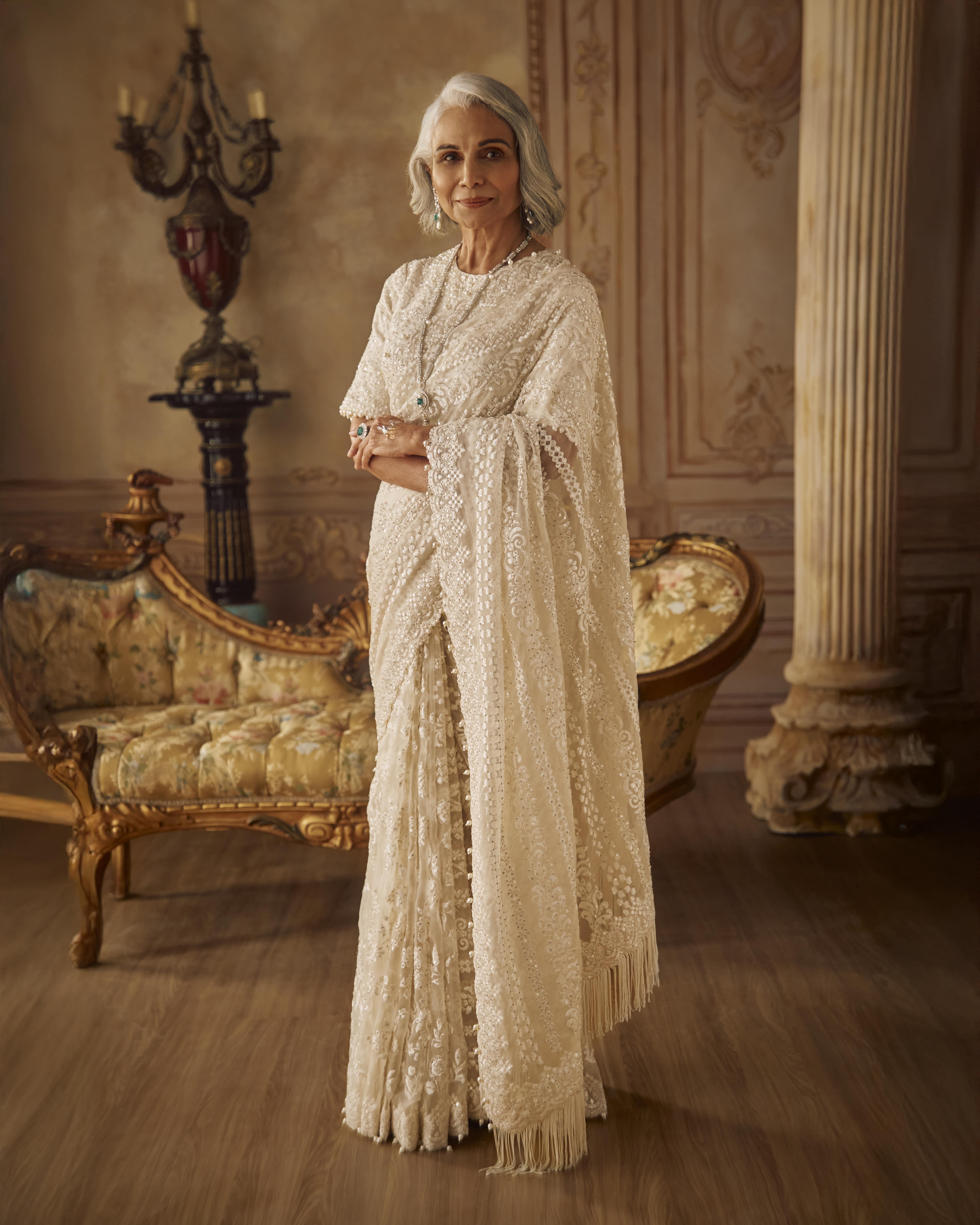 Ivory Organza Stripe Saree 