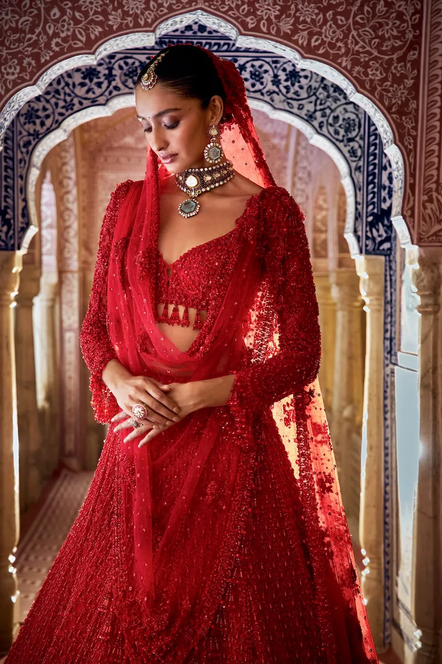 Scarlet Red Lehenga with Intricate Sequin and Bead Embroidery