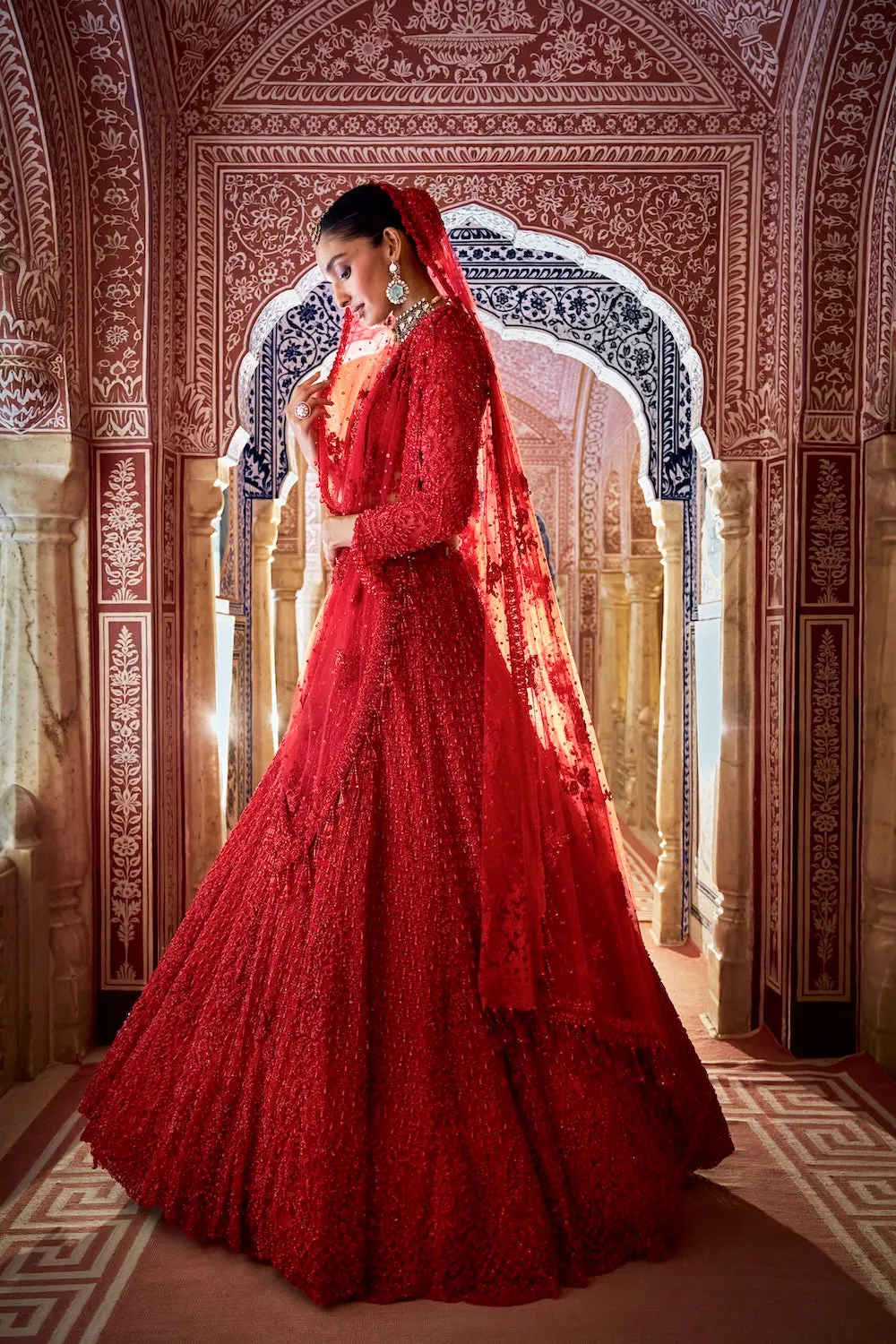 Scarlet Red Lehenga with Intricate Sequin and Bead Embroidery