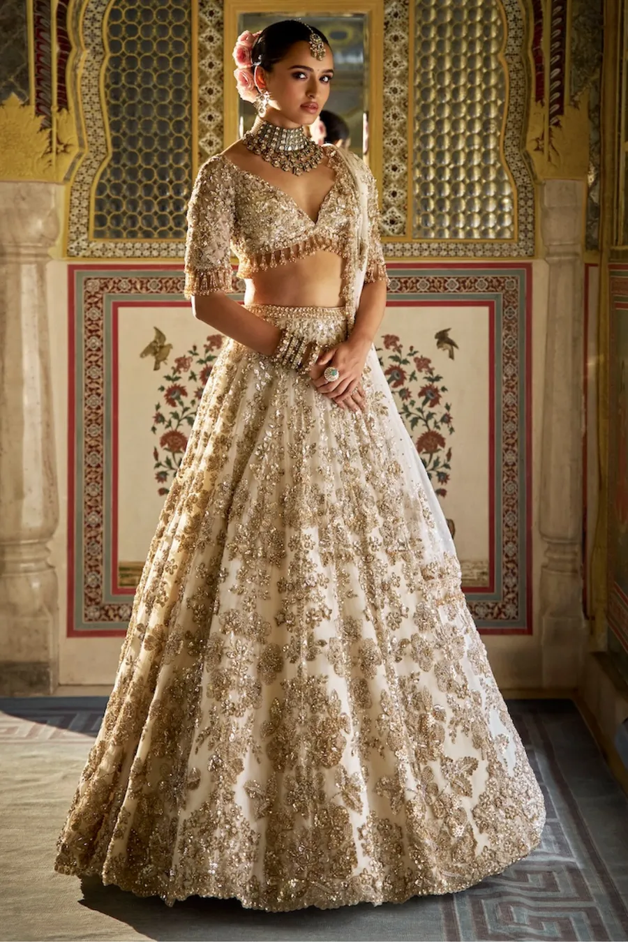 Ivory Lehenga with Antique Gold Zardozi and Crystal Embroidery