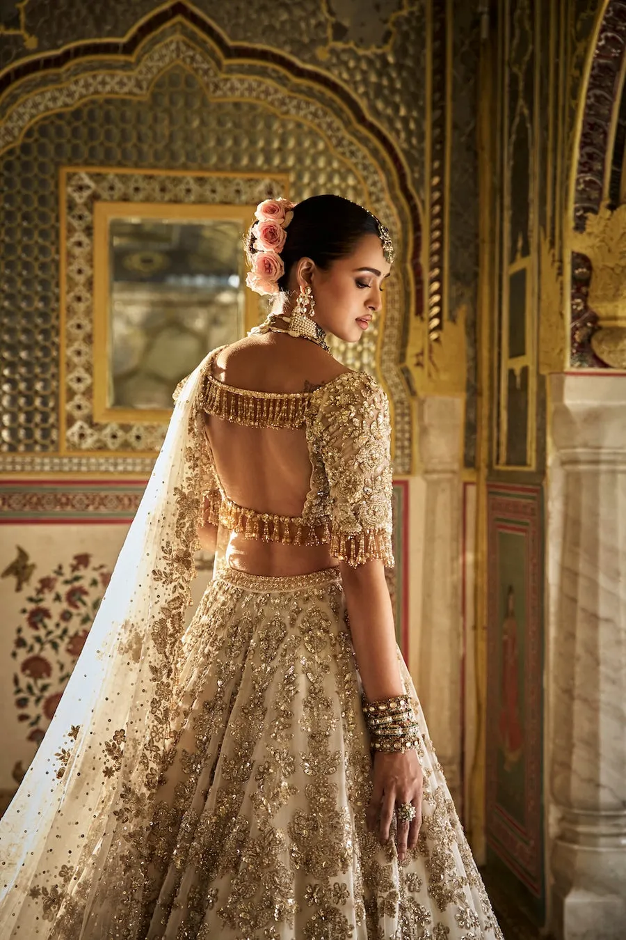 Ivory Lehenga with Antique Gold Zardozi and Crystal Embroidery