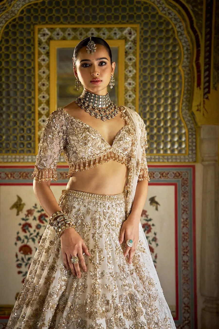 Ivory Lehenga with Antique Gold Zardozi and Crystal Embroidery