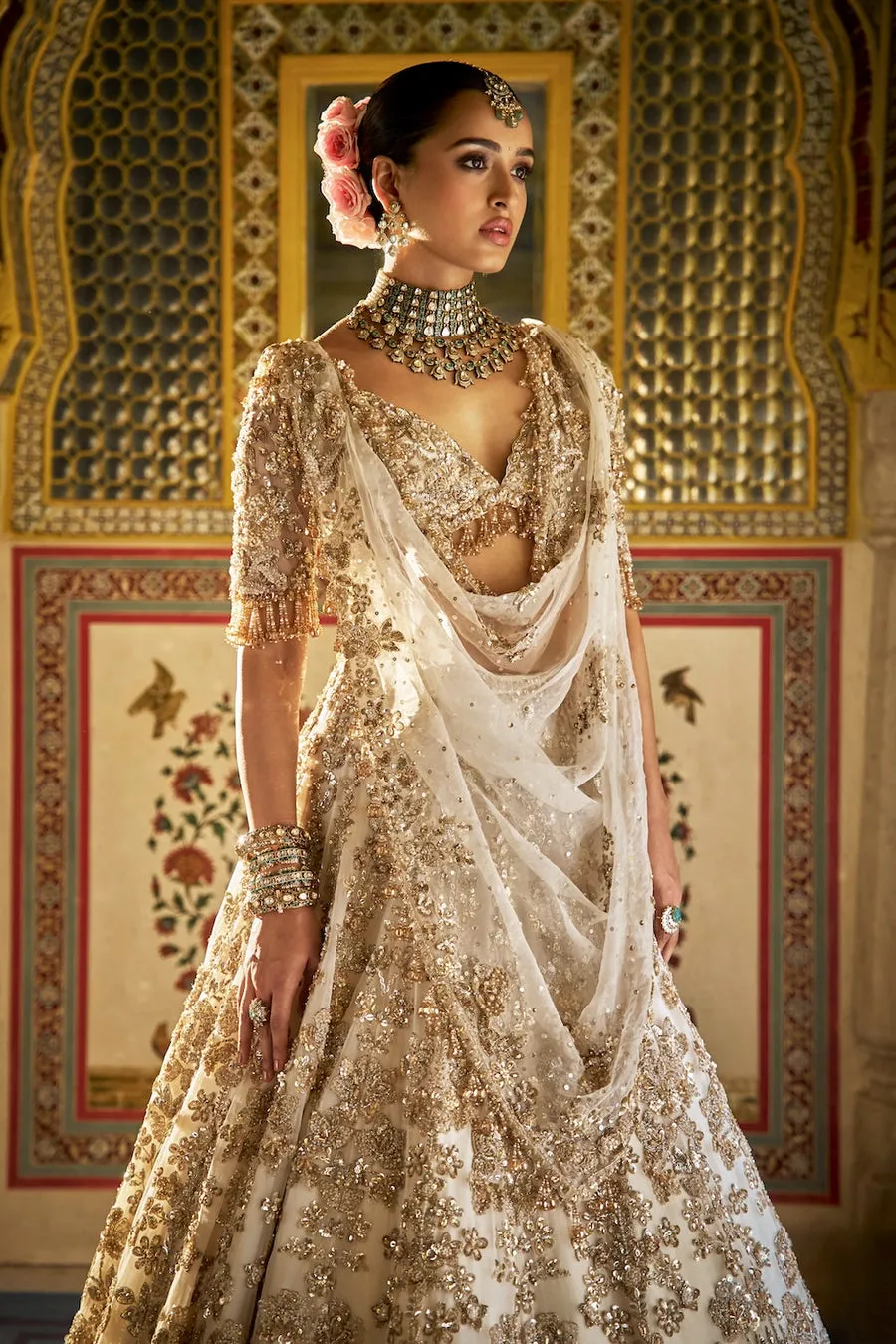 Ivory Lehenga with Antique Gold Zardozi and Crystal Embroidery