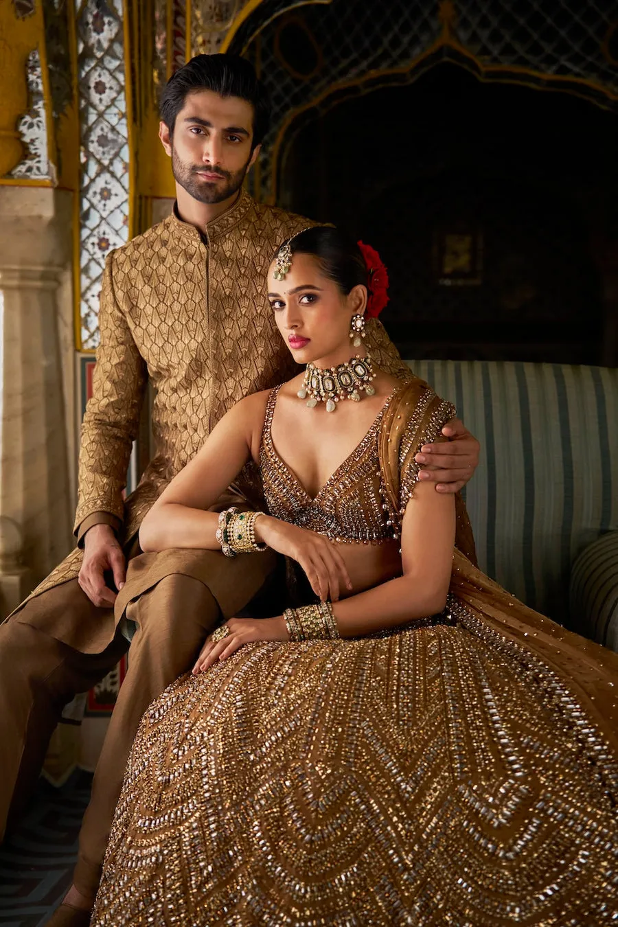 Bronze Lehenga with Sequin and Crystal Geometric Embroidery