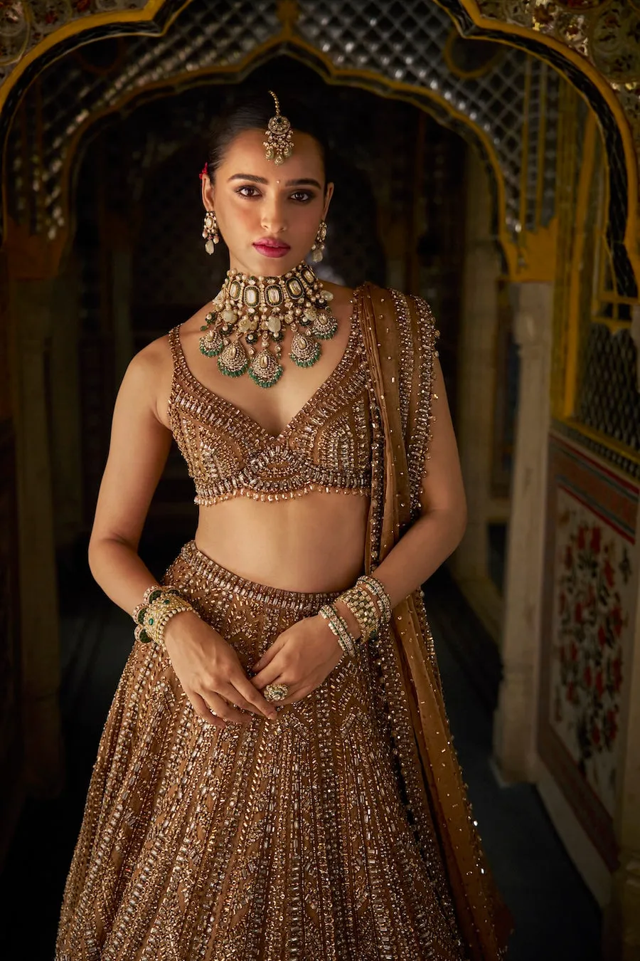 Bronze Lehenga with Sequin and Crystal Geometric Embroidery