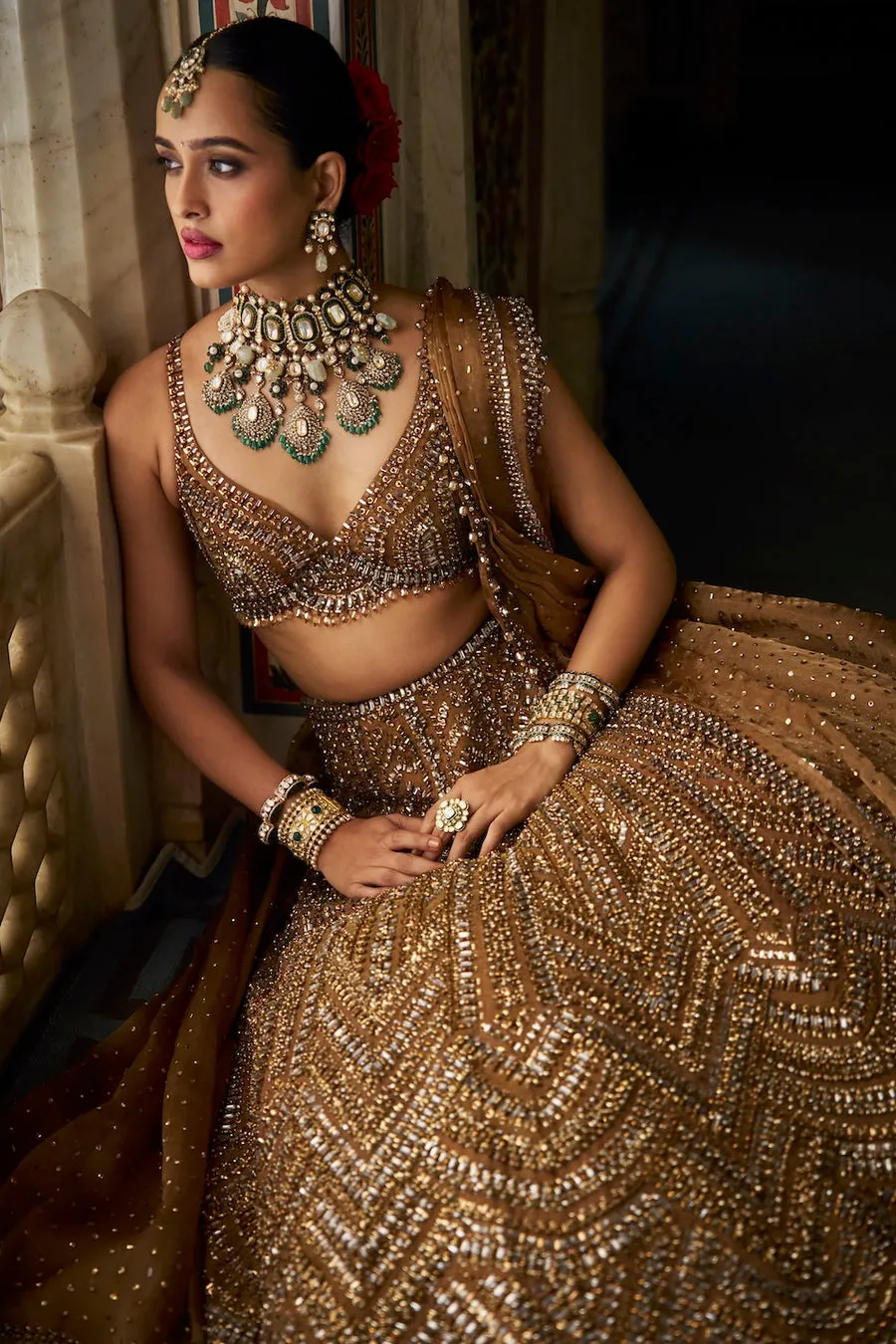 Bronze Lehenga with Sequin and Crystal Geometric Embroidery