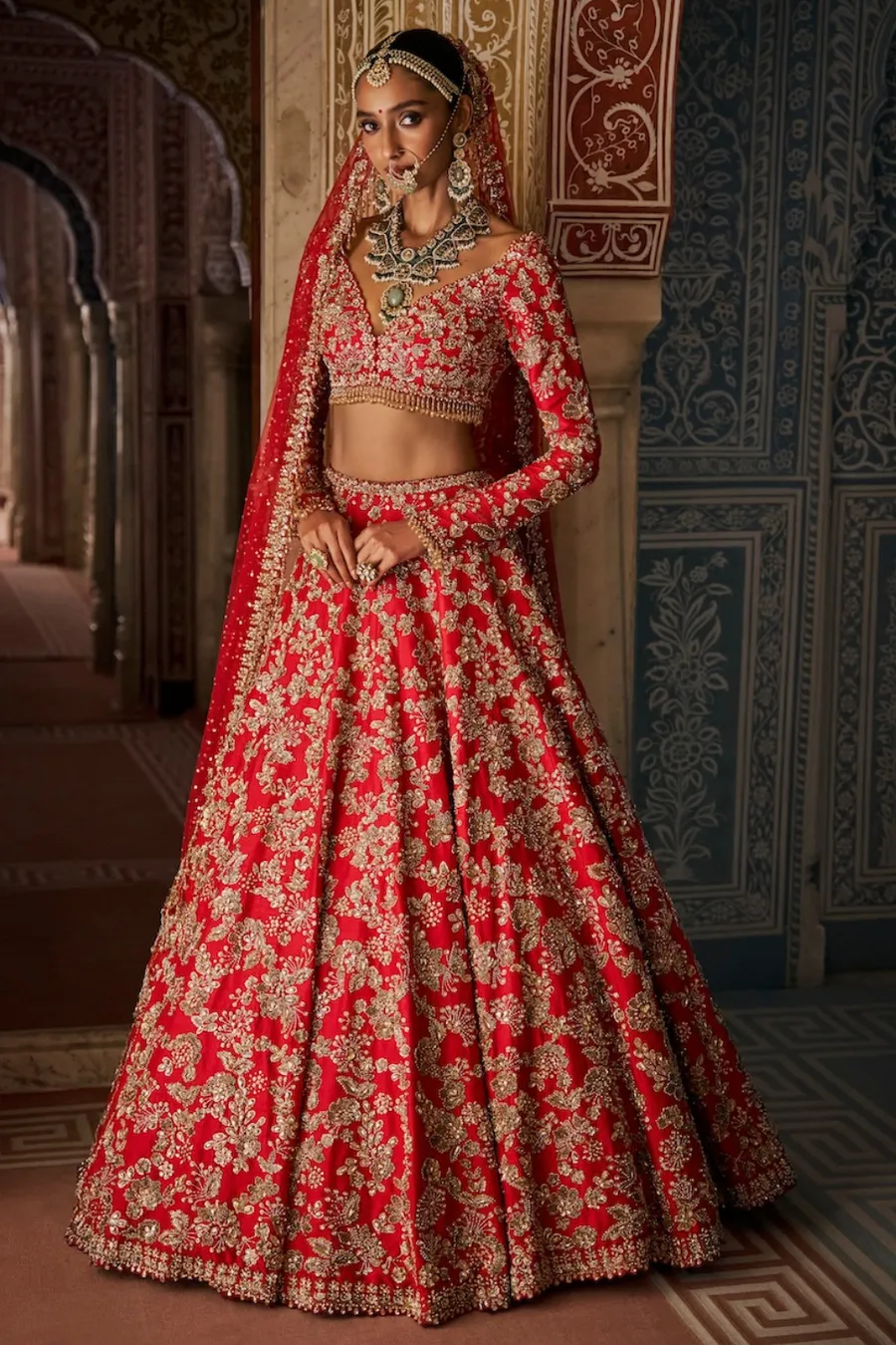 Red Bridal Lehenga with Antique Gold Zardozi and Floral Embroidery