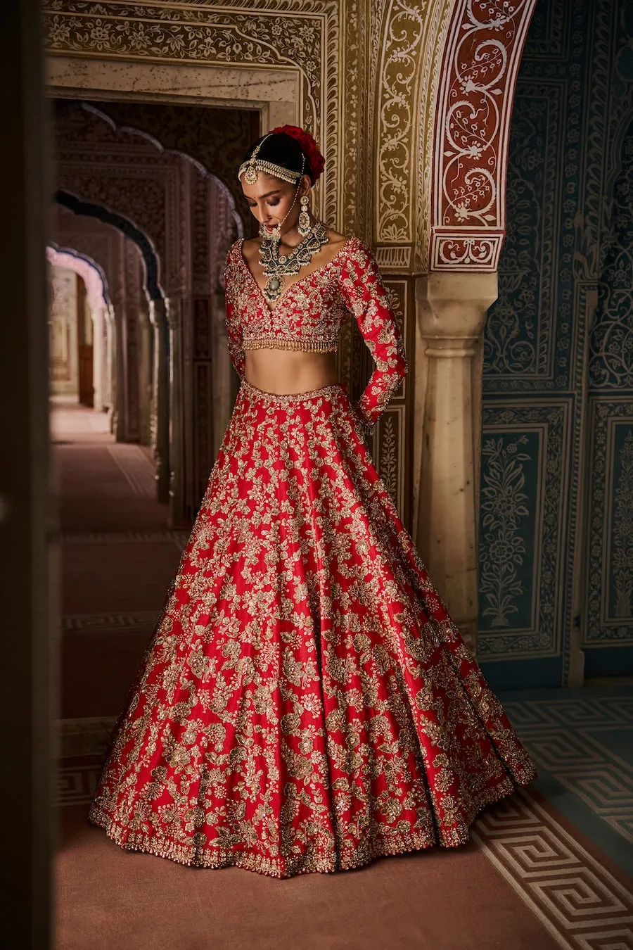 Red Bridal Lehenga with Antique Gold Zardozi and Floral Embroidery