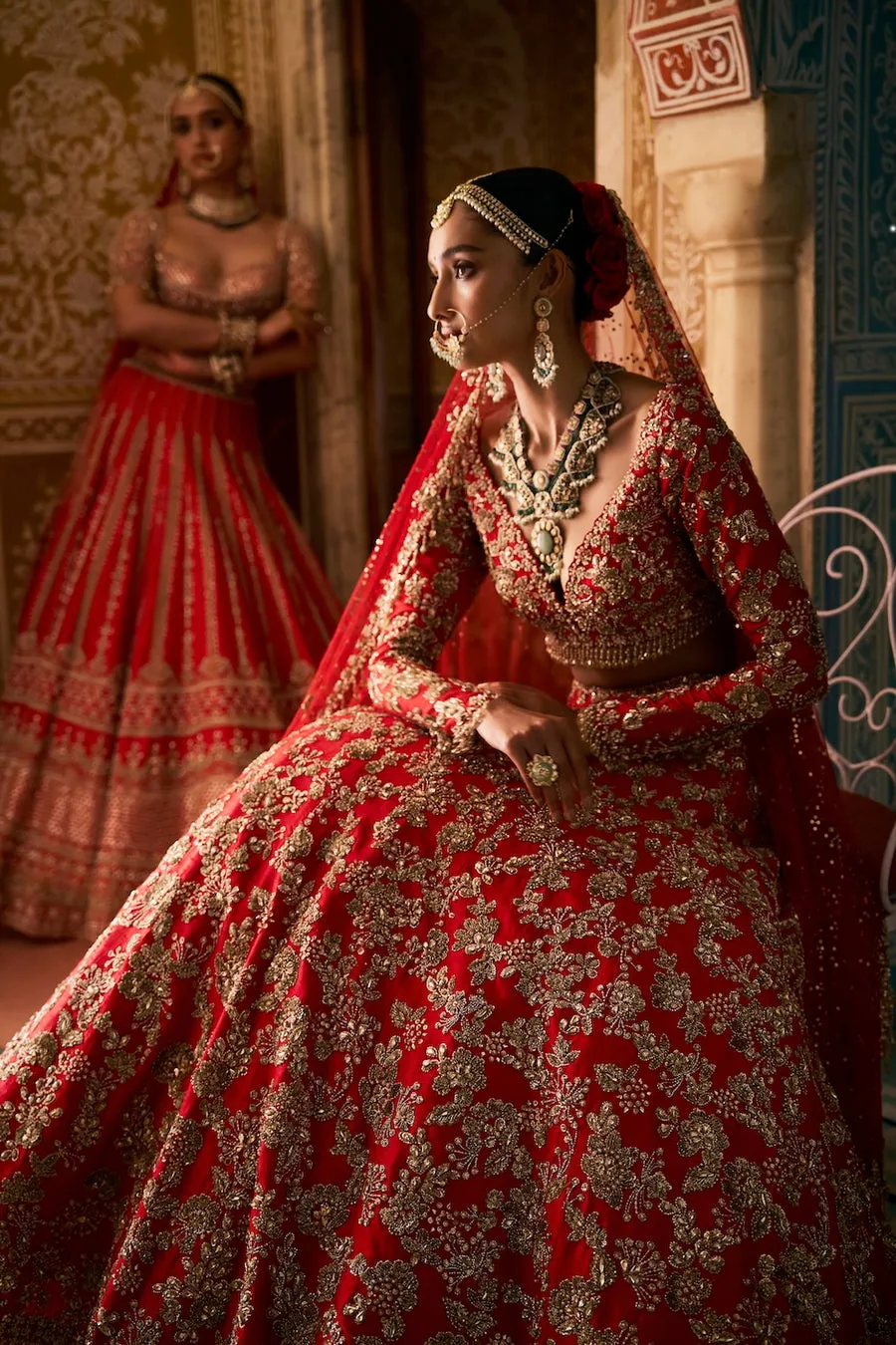 Red Bridal Lehenga with Antique Gold Zardozi and Floral Embroidery