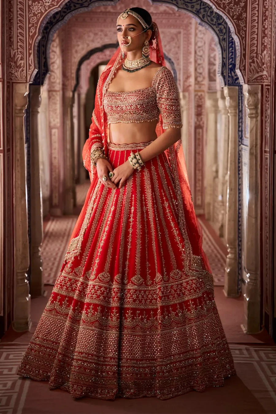 Red Bridal Lehenga with Gold Zardozi and Linear Embroidery