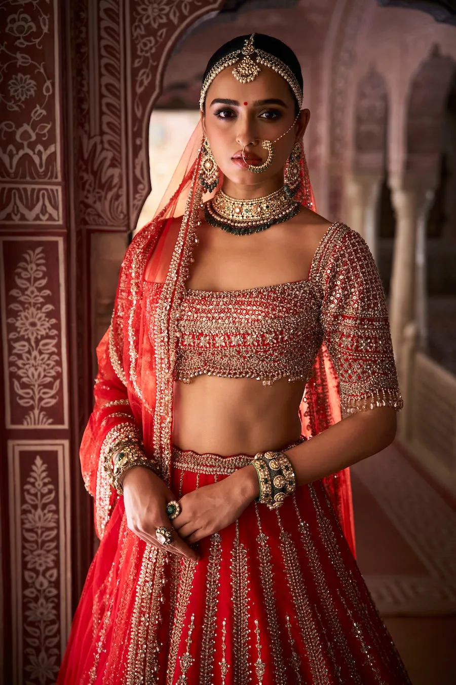 Red Bridal Lehenga with Gold Zardozi and Linear Embroidery