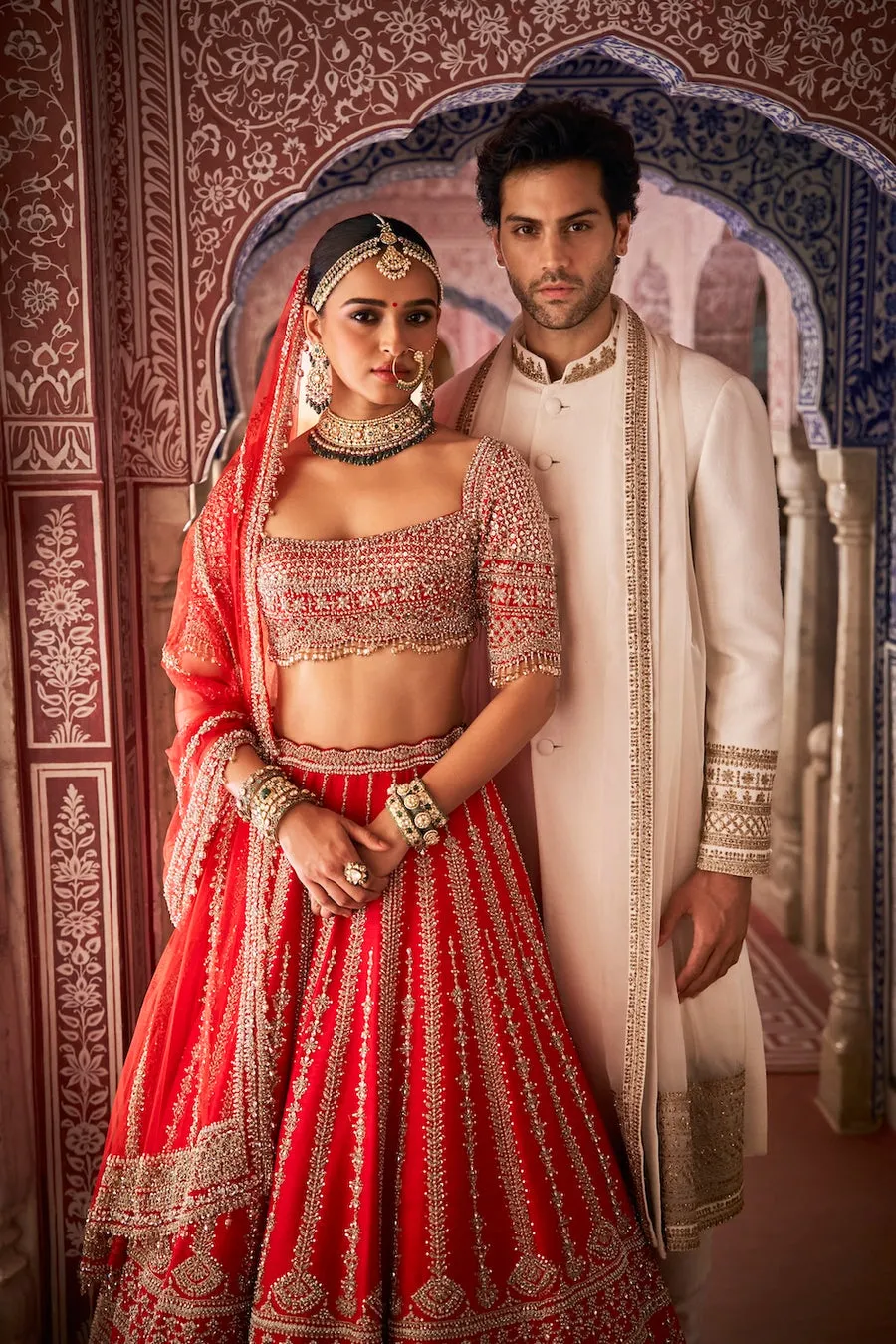 Red Bridal Lehenga with Gold Zardozi and Linear Embroidery
