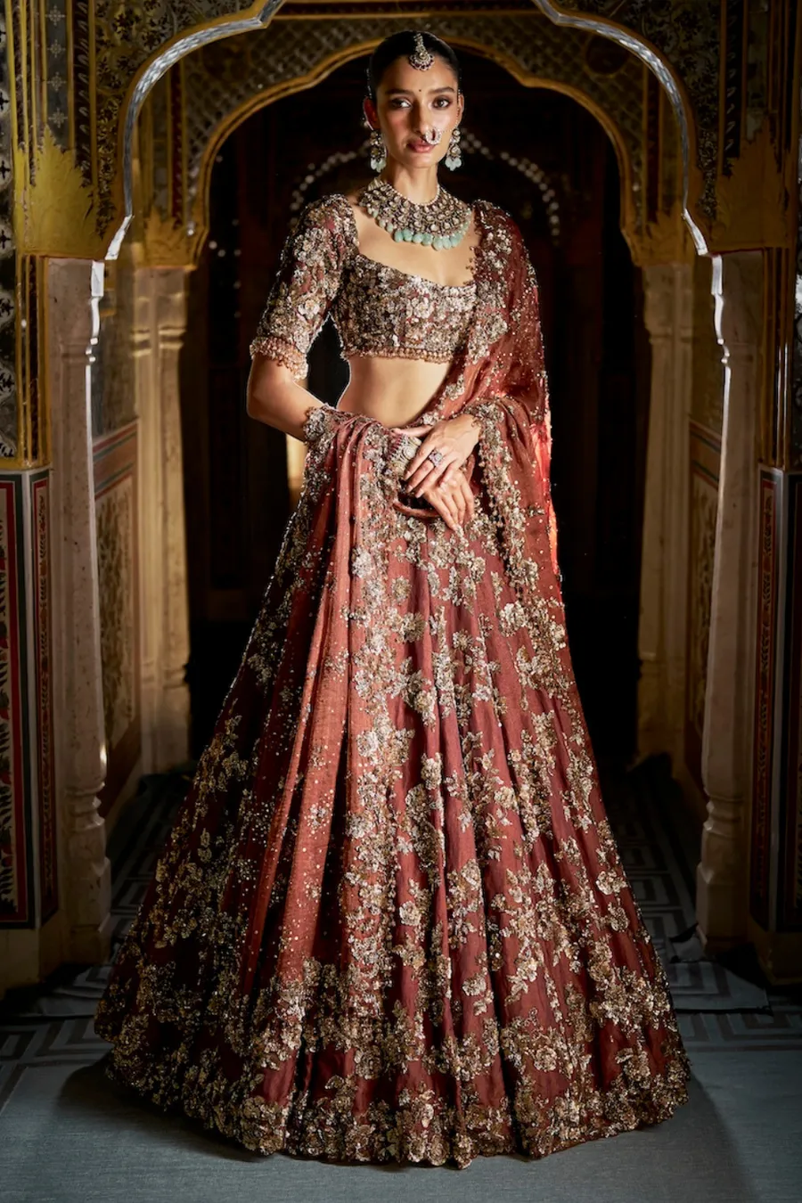 Deep Maroon Lehenga with Antique Gold Floral Zardozi Embroidery