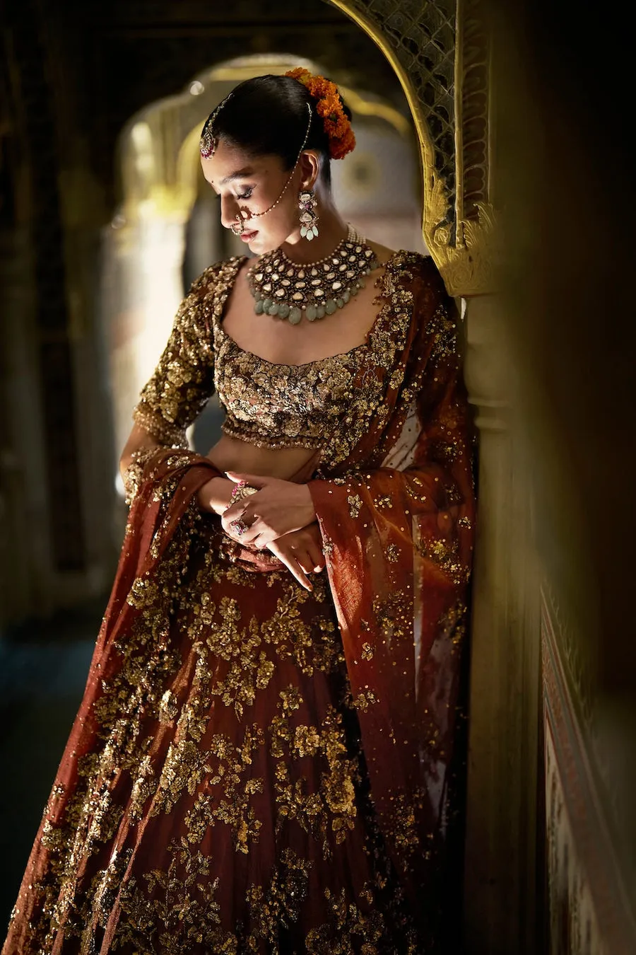 Deep Maroon Lehenga with Antique Gold Floral Zardozi Embroidery