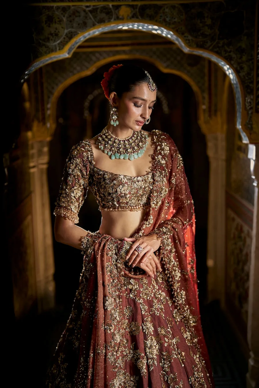 Deep Maroon Lehenga with Antique Gold Floral Zardozi Embroidery