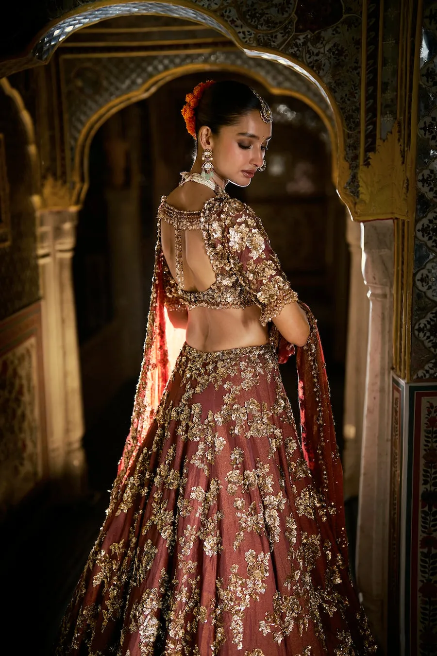 Deep Maroon Lehenga with Antique Gold Floral Zardozi Embroidery