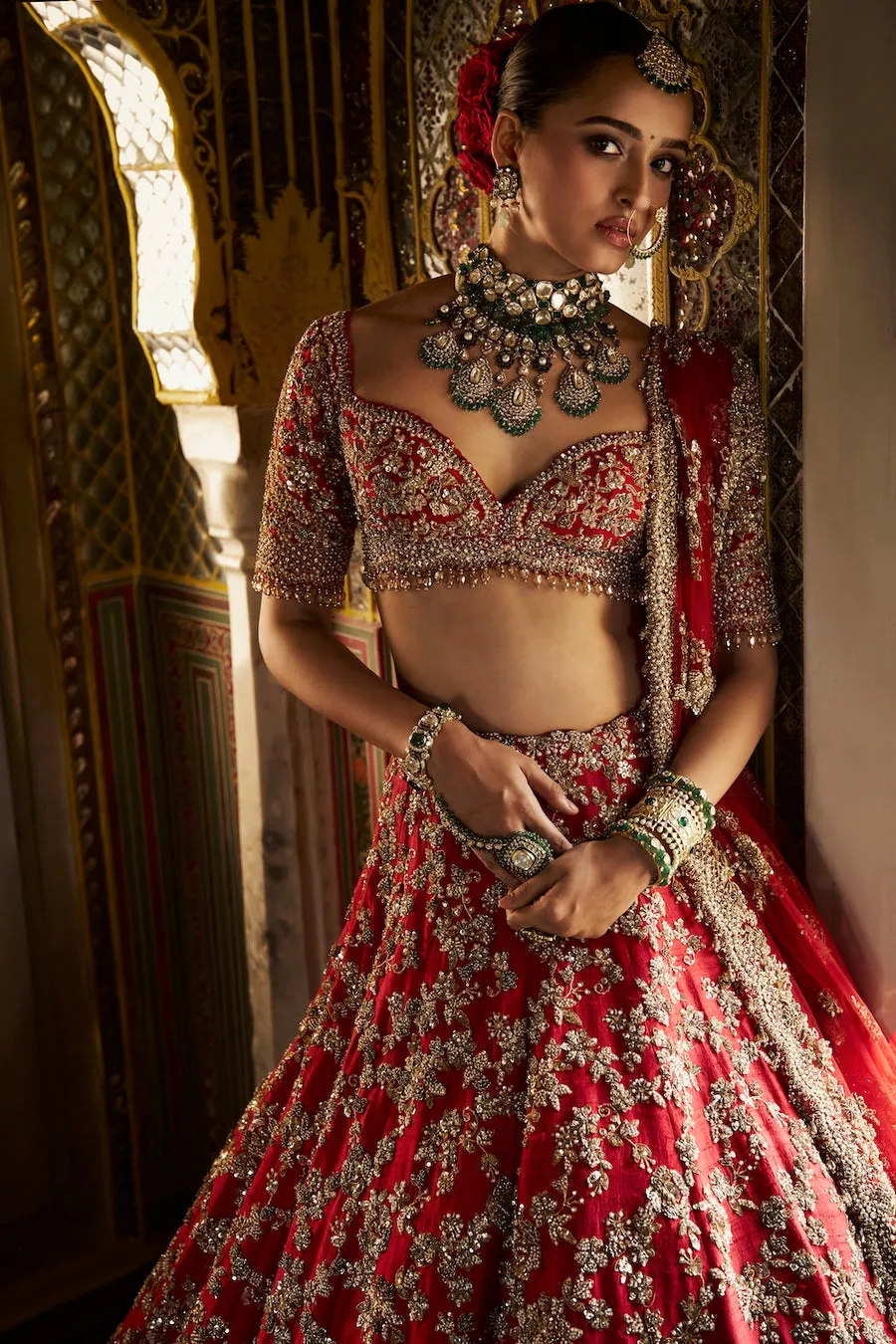 Red Bridal Lehenga with Silver Zardozi and Sequin Floral Embroidery