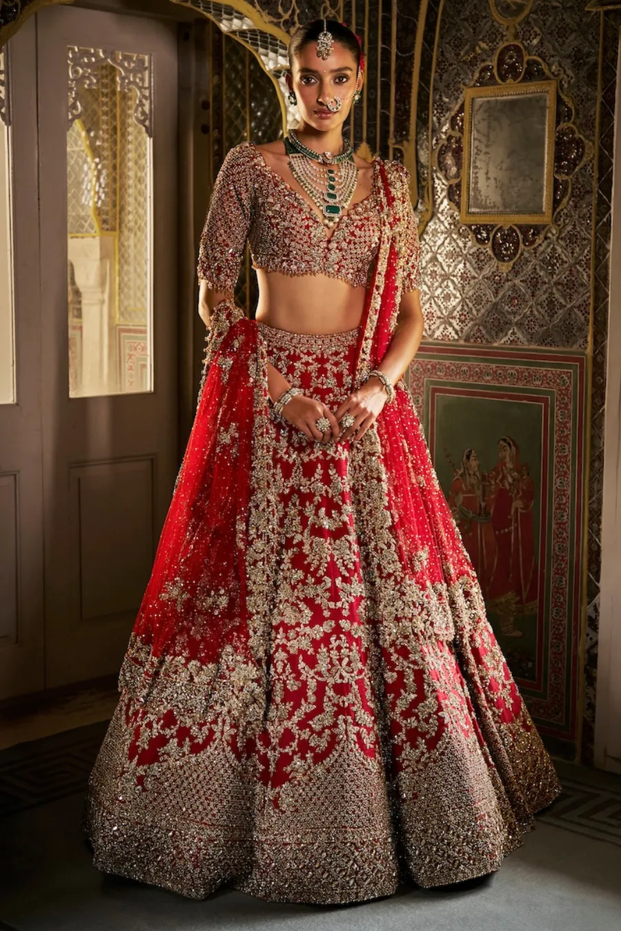 Red Bridal Lehenga with Heavy Gold Zardozi and Crystal Embroidery