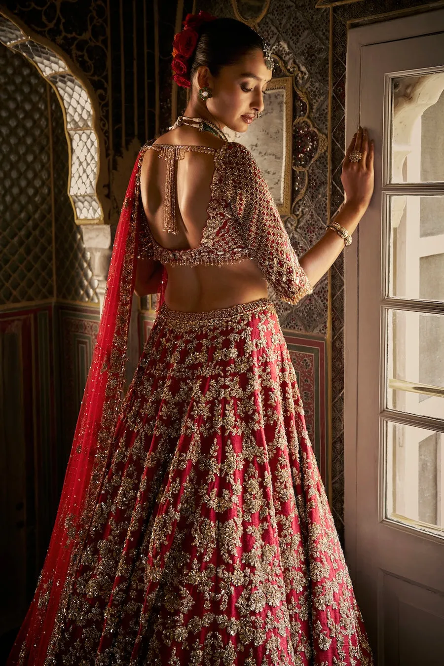 Red Bridal Lehenga with Heavy Gold Zardozi and Crystal Embroidery