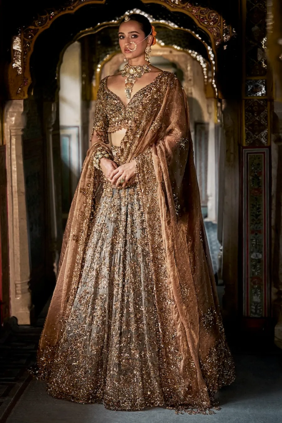 Bronze and Silver Lehenga with Sequin and Crystal Embroidery