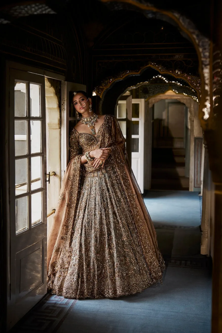 Bronze and Silver Lehenga with Sequin and Crystal Embroidery
