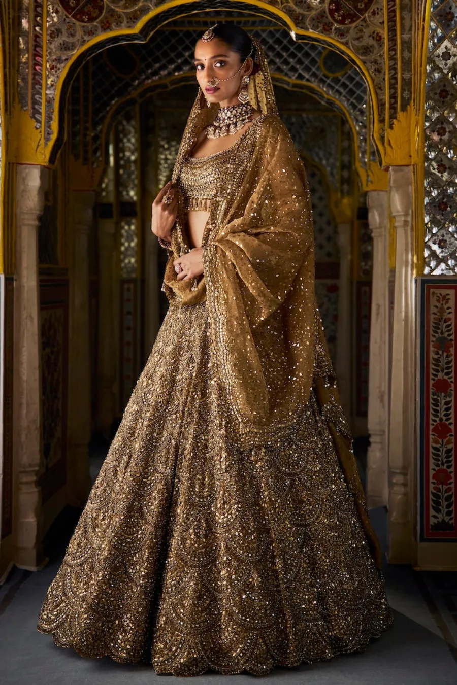 Golden Lehenga with Sequin and Bead Scallop Embroidery