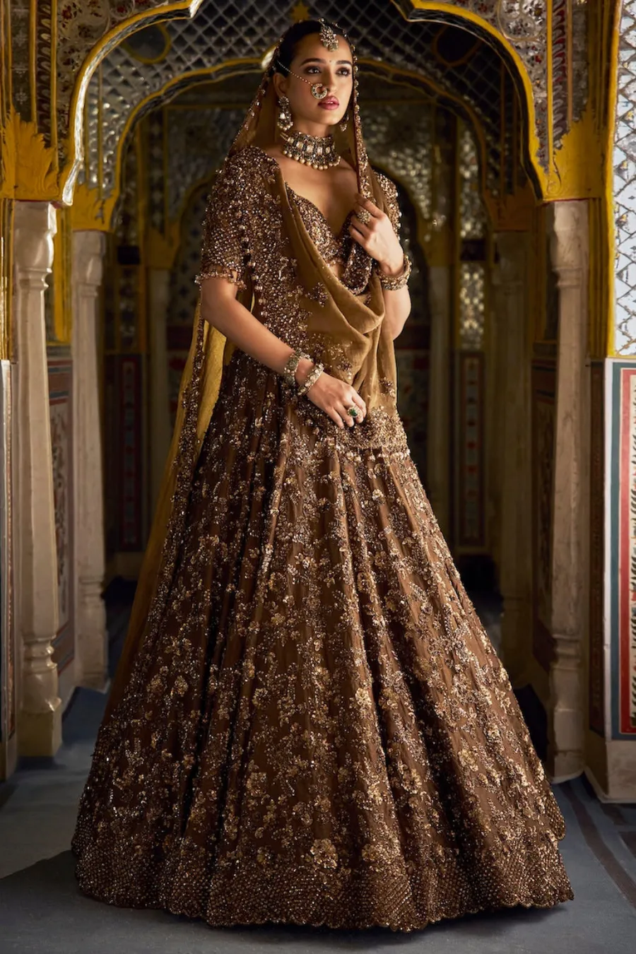 Coffee Brown Lehenga with Antique Gold Floral Sequin Embroidery
