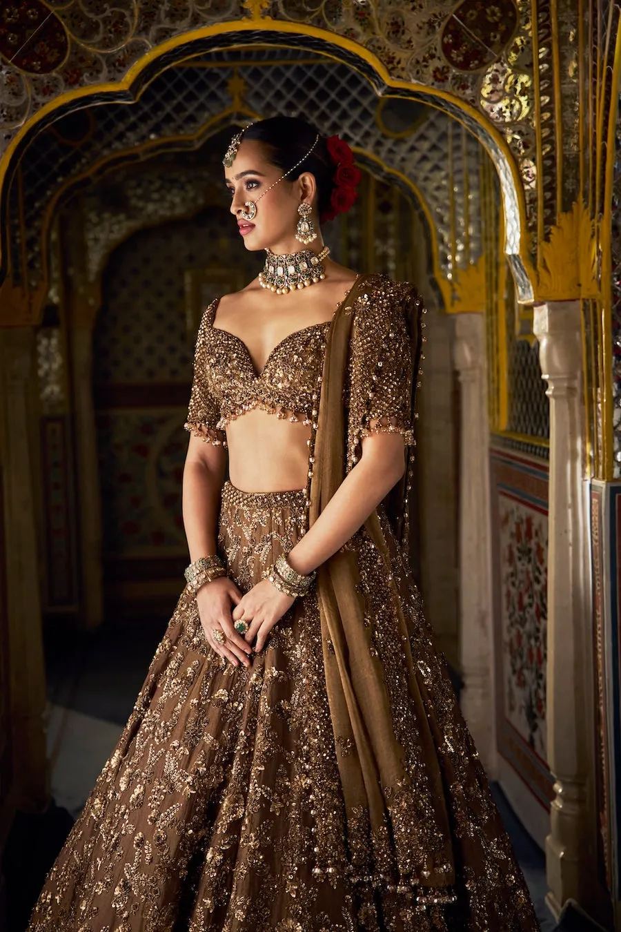 Coffee Brown Lehenga with Antique Gold Floral Sequin Embroidery