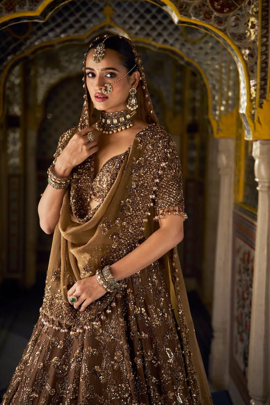 Coffee Brown Lehenga with Antique Gold Floral Sequin Embroidery