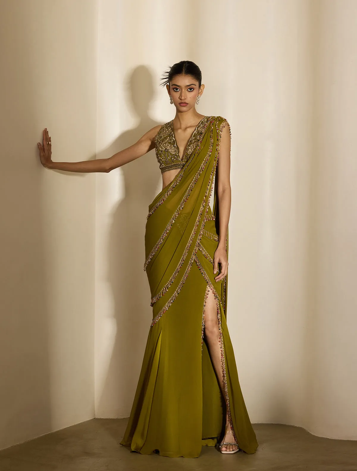 Olive Drape Saree with Crystal Fringe and Embroidered Blouse