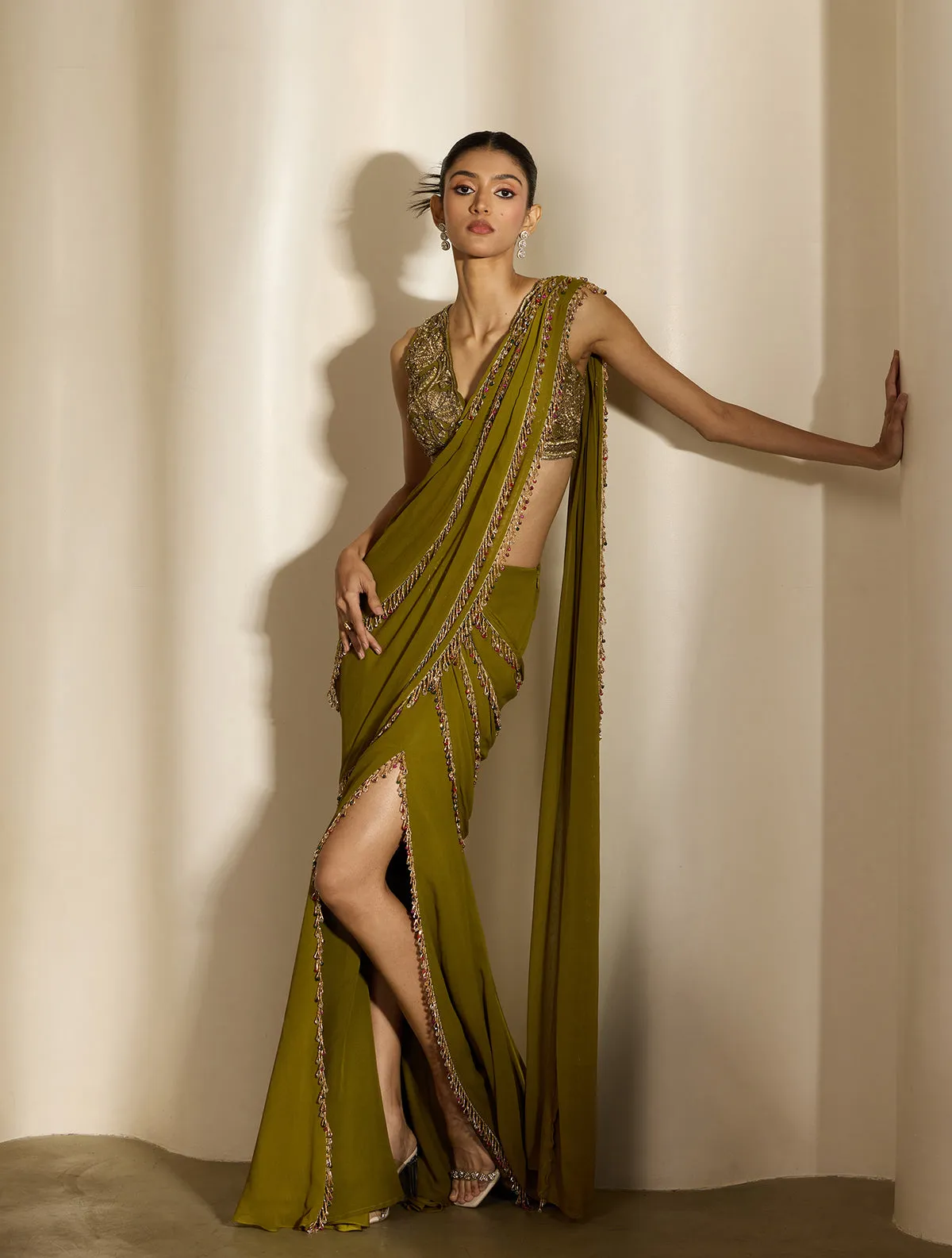 Olive Drape Saree with Crystal Fringe and Embroidered Blouse