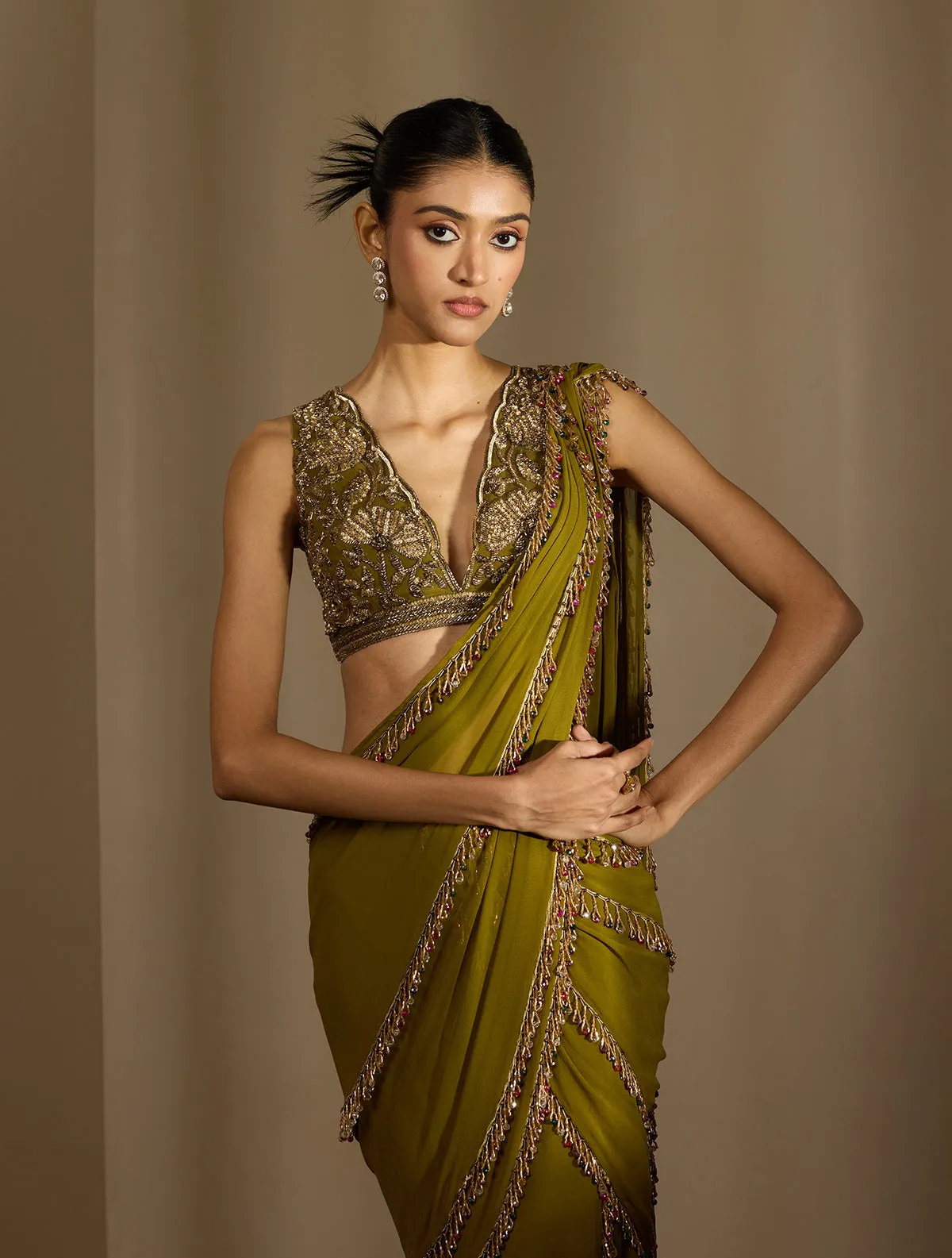 Olive Drape Saree with Crystal Fringe and Embroidered Blouse