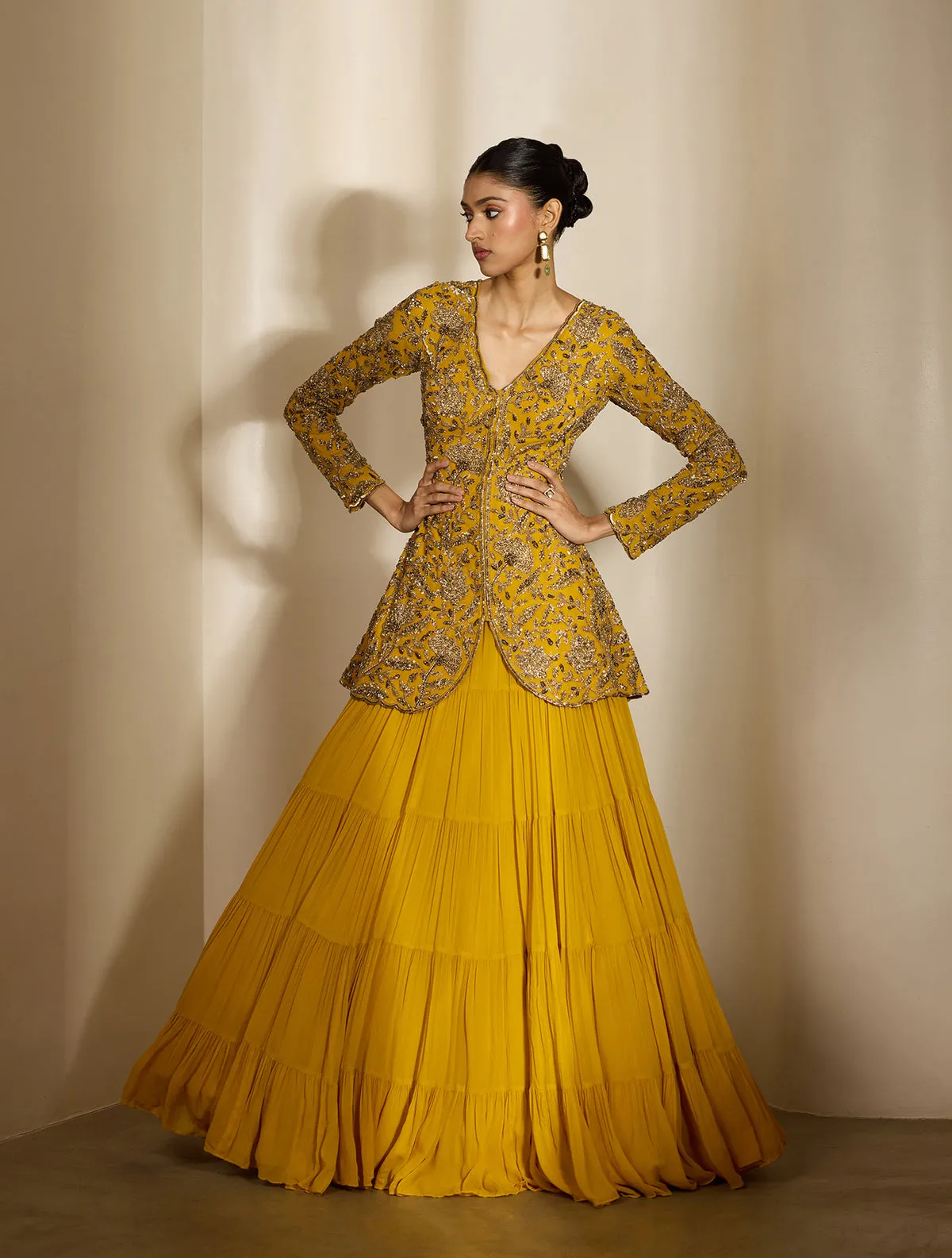 Mustard Yellow Tiered Skirt with Embroidered Jacket Bodice