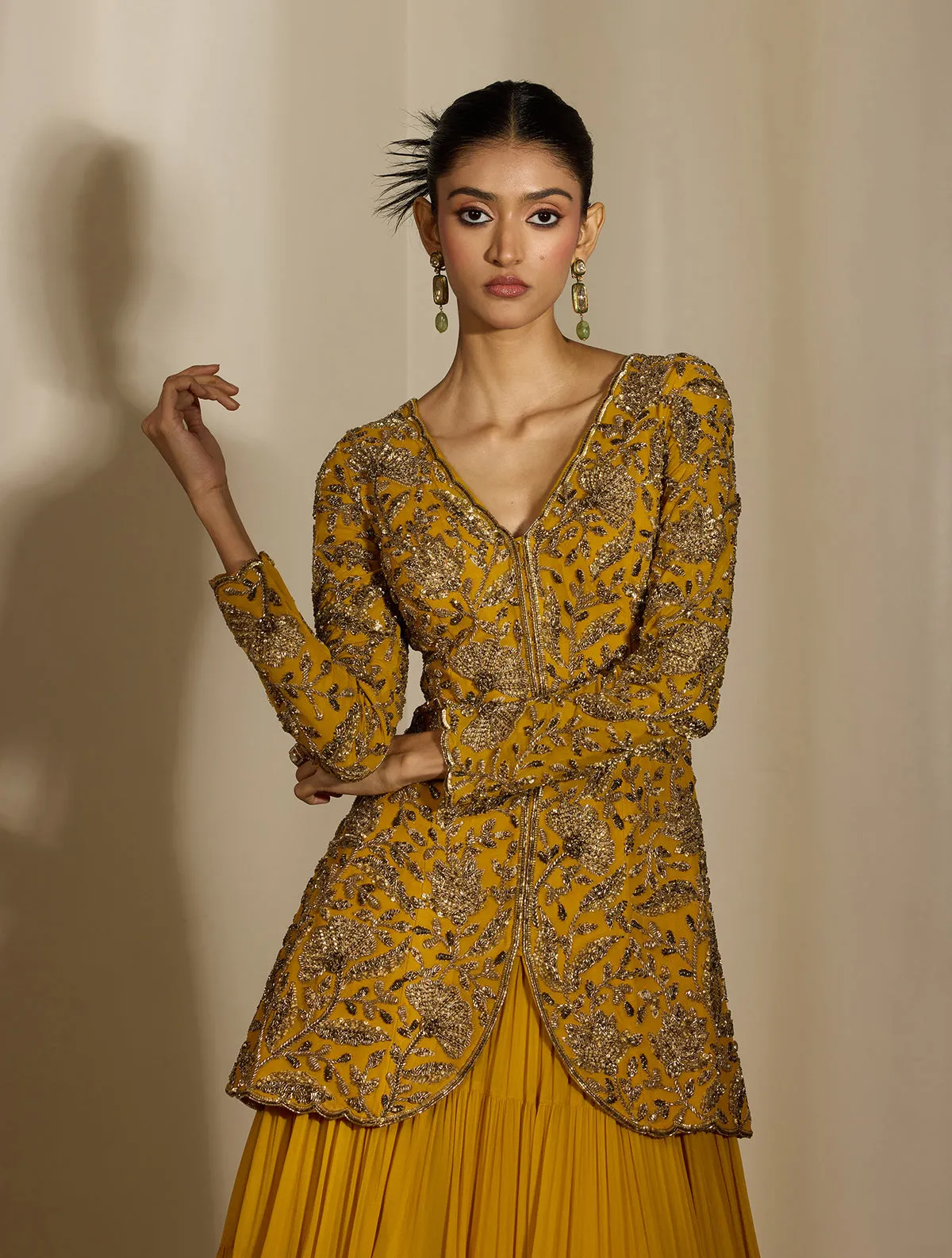 Mustard Yellow Tiered Skirt with Embroidered Jacket Bodice