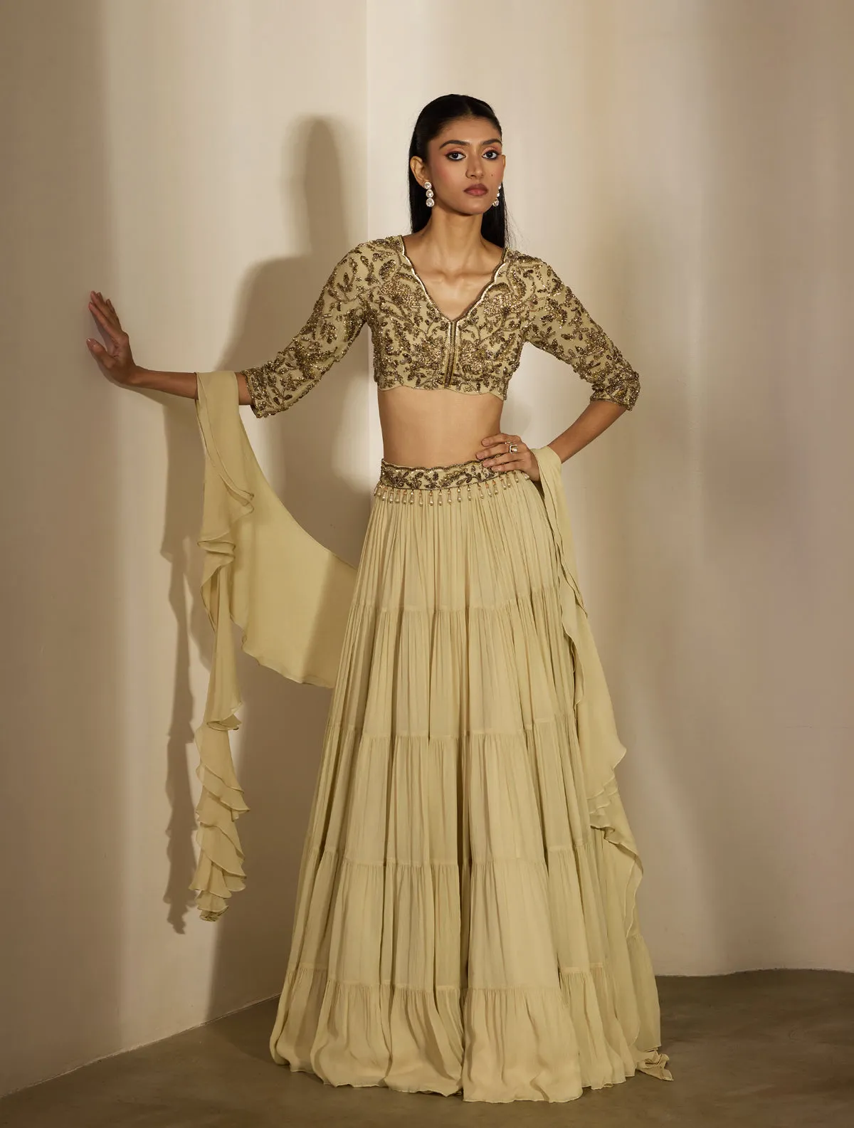 Ivory Tiered Skirt with Embroidered Blouse and Ruffled Dupatta