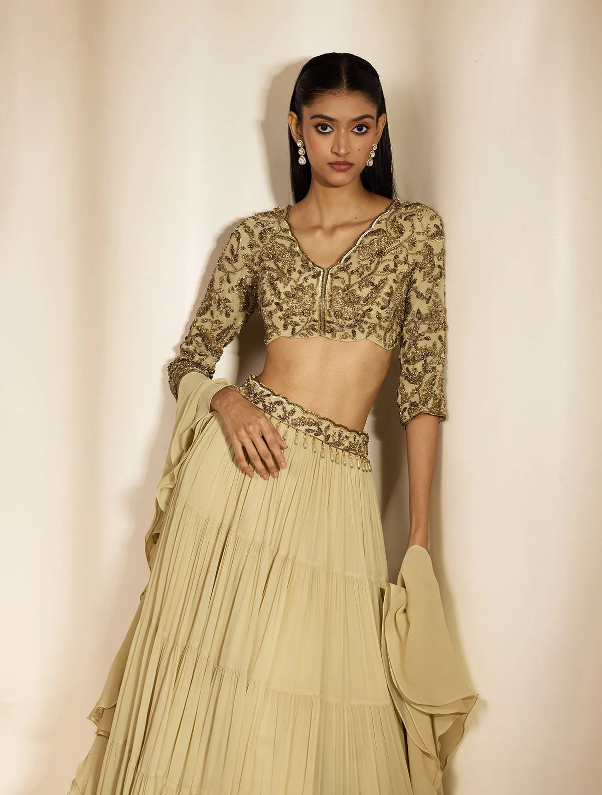 Ivory Tiered Skirt with Embroidered Blouse and Ruffled Dupatta