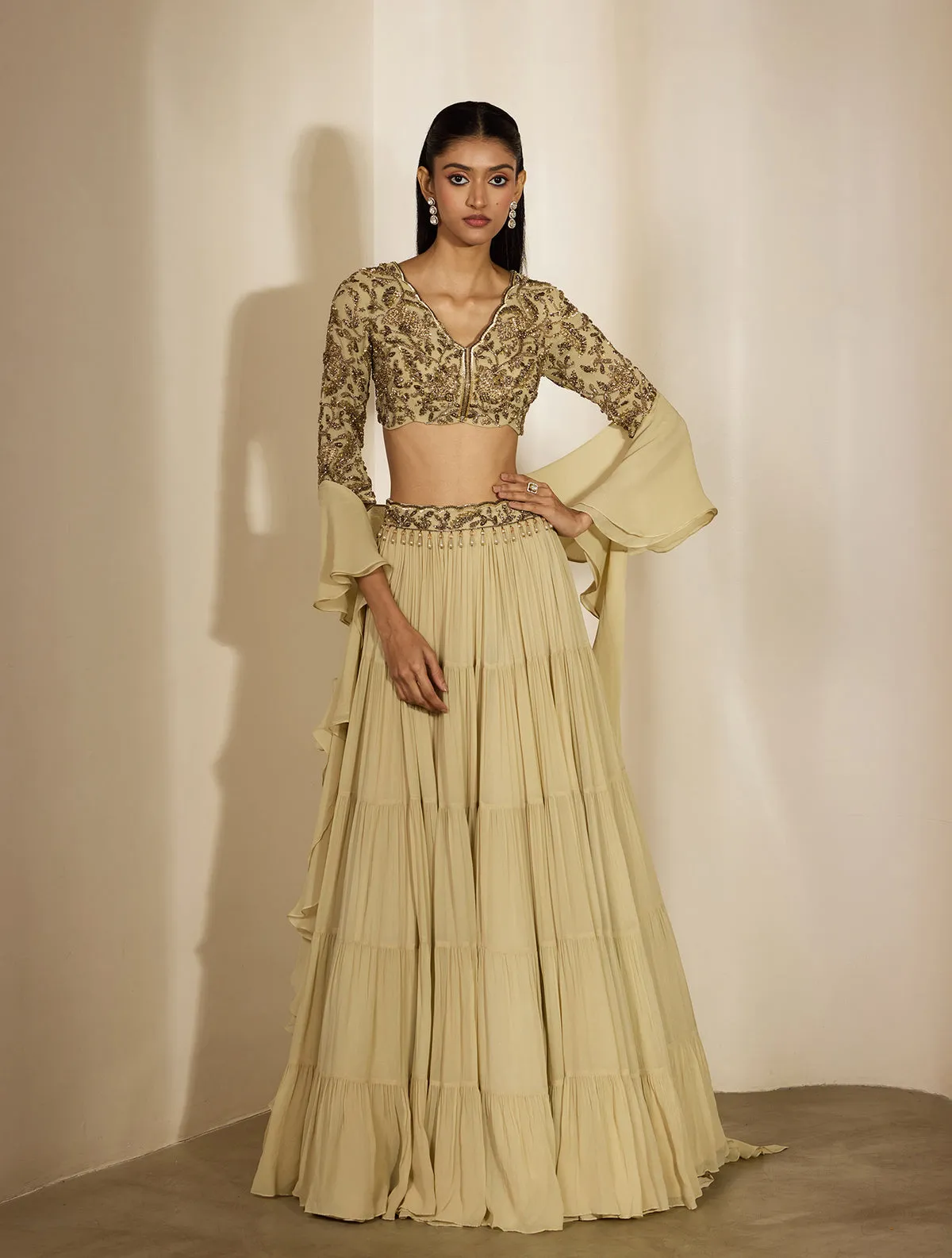 Ivory Tiered Skirt with Embroidered Blouse and Ruffled Dupatta