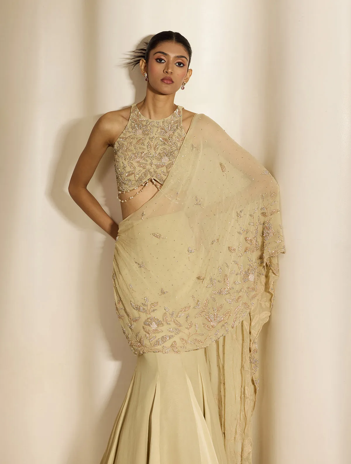 Ivory Drape Saree Gown with Embroidered Blouse and Sheer Cape Pallu