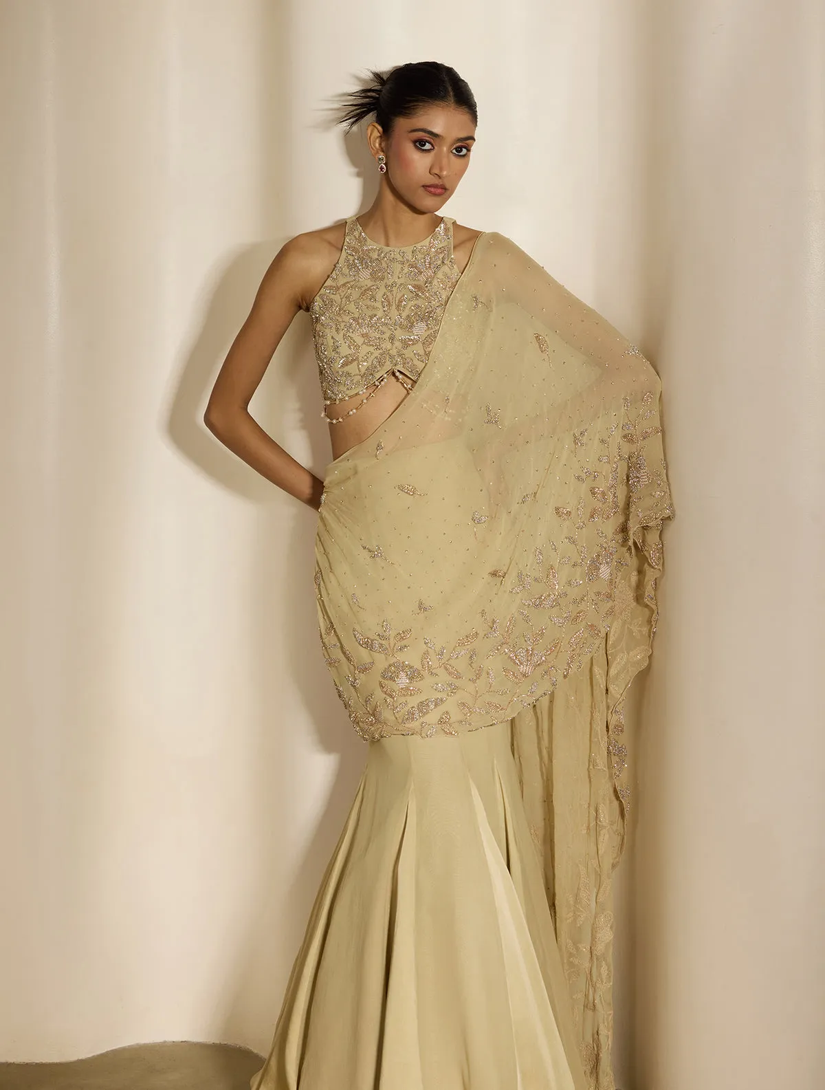 Ivory Drape Saree Gown with Embroidered Blouse and Sheer Cape Pallu