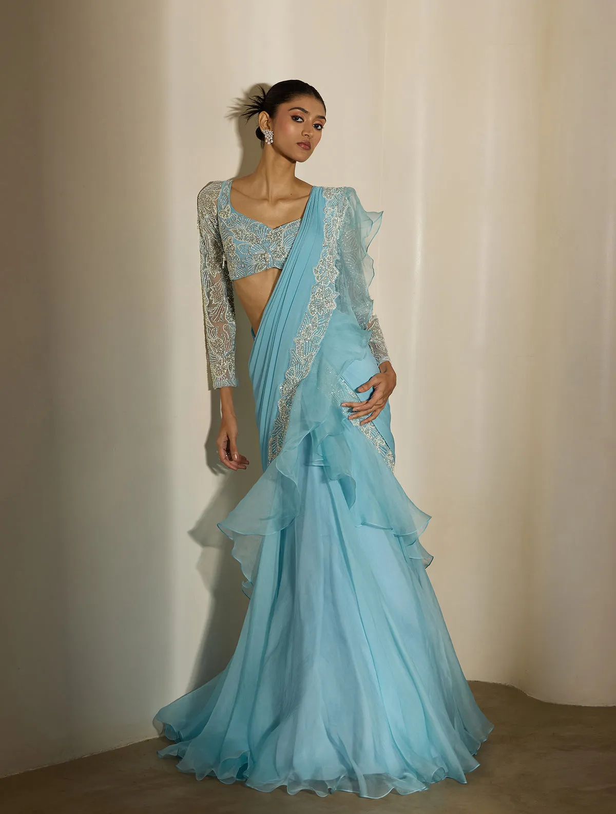 Powder Blue Lehenga with Ruffled Dupatta and Embroidered Blouse