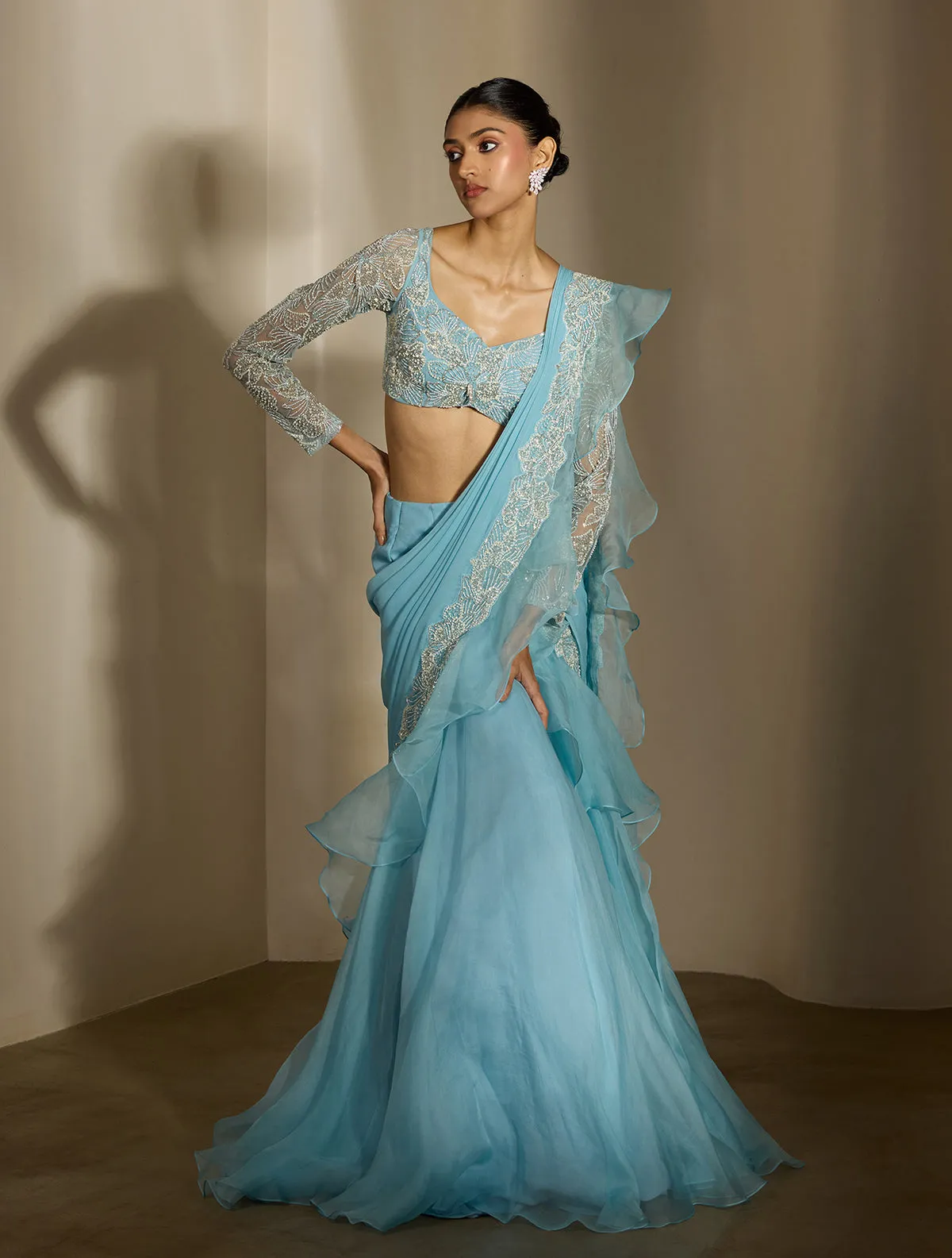 Powder Blue Lehenga with Ruffled Dupatta and Embroidered Blouse