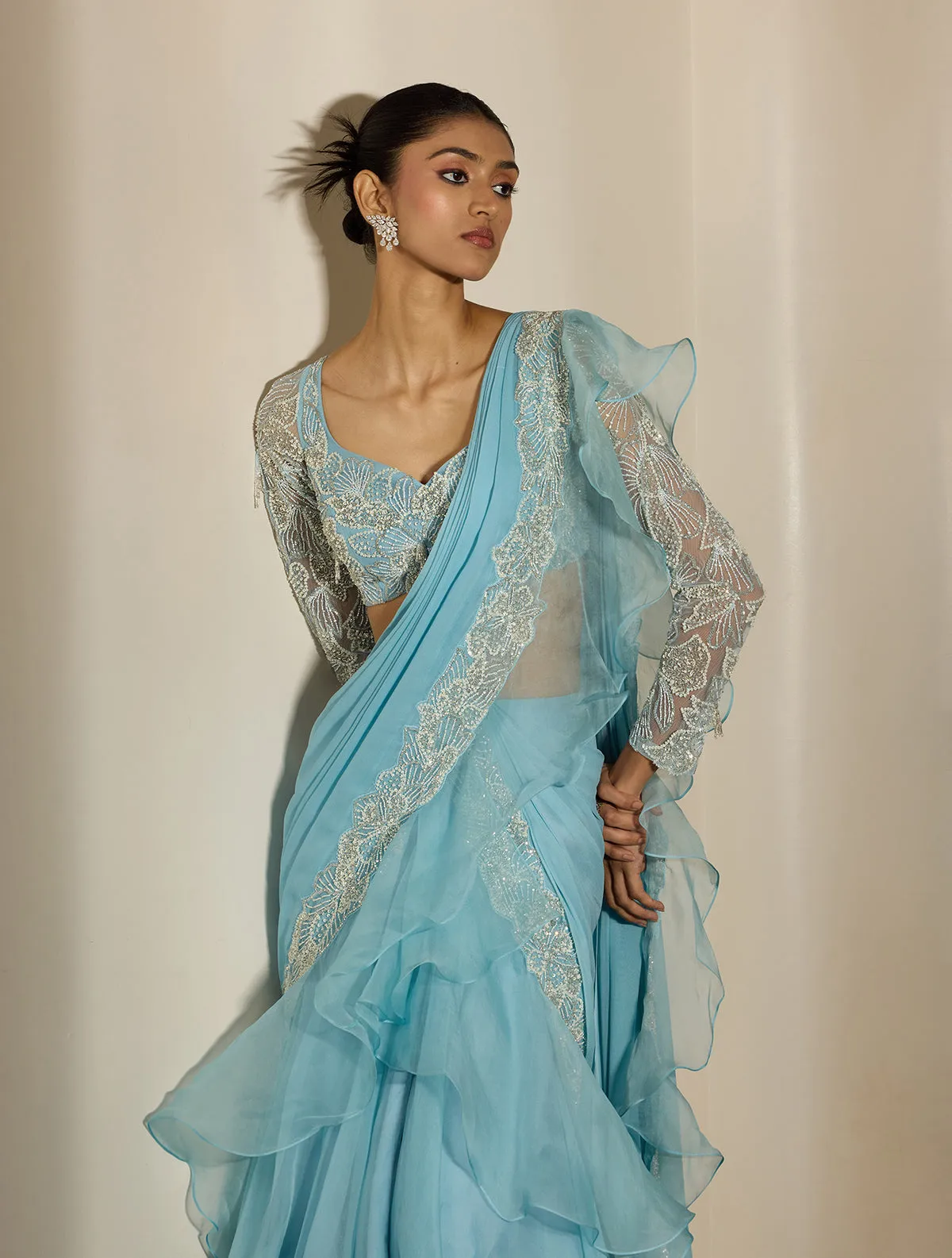 Powder Blue Lehenga with Ruffled Dupatta and Embroidered Blouse
